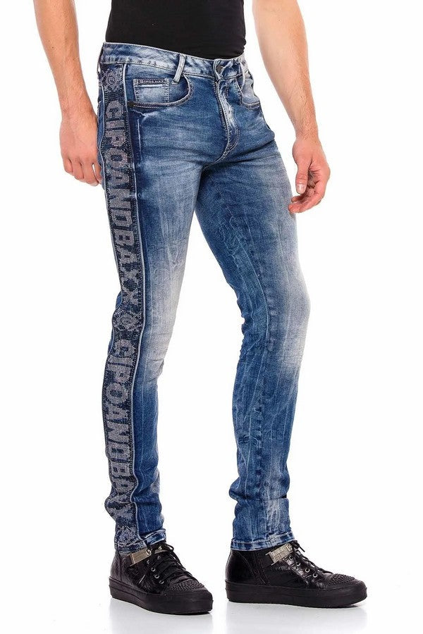 CD579 Men's comfortable jeans with brand logo on the side