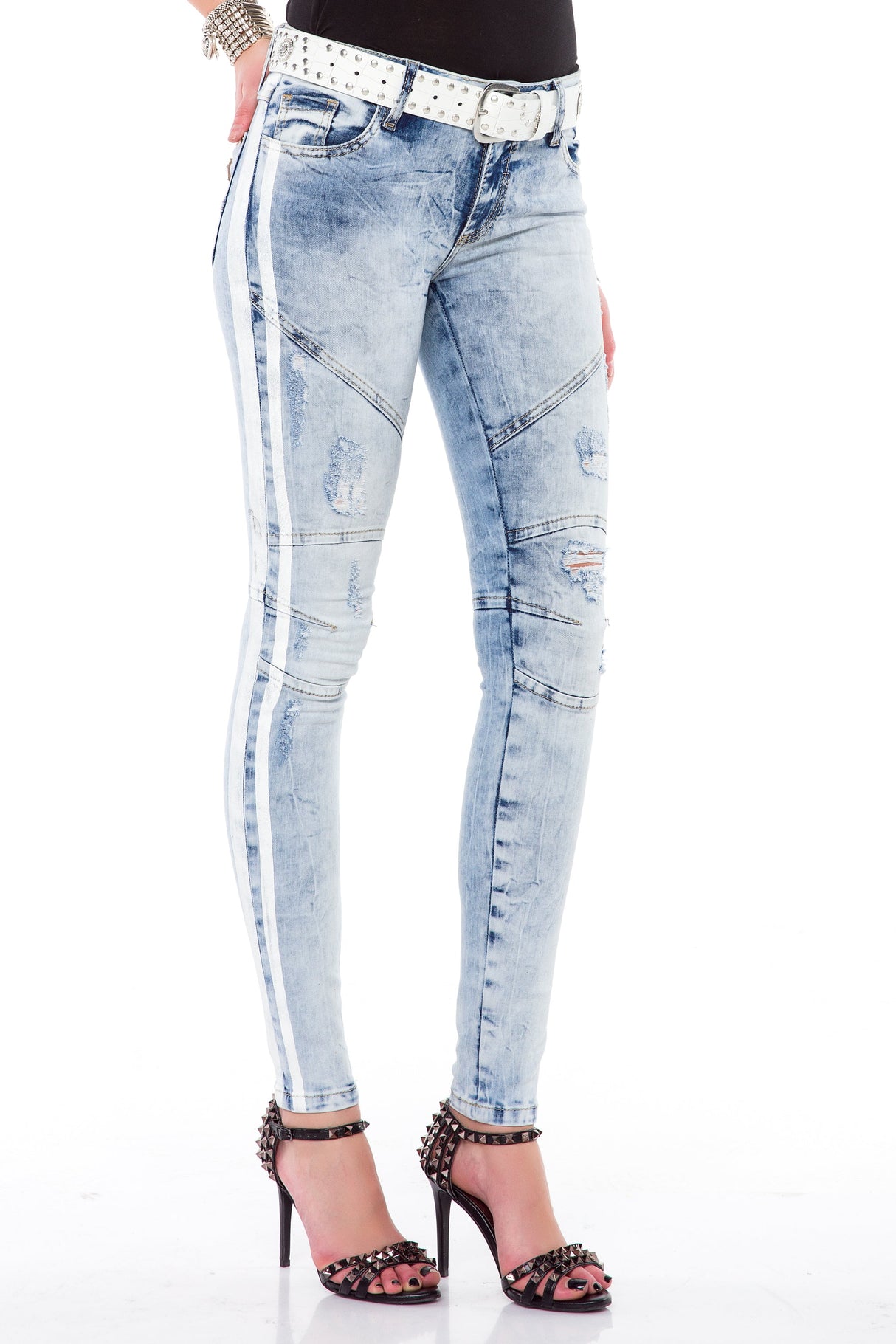 WD367 Women's Jeans – Slim Fit with white side stripes and used wash