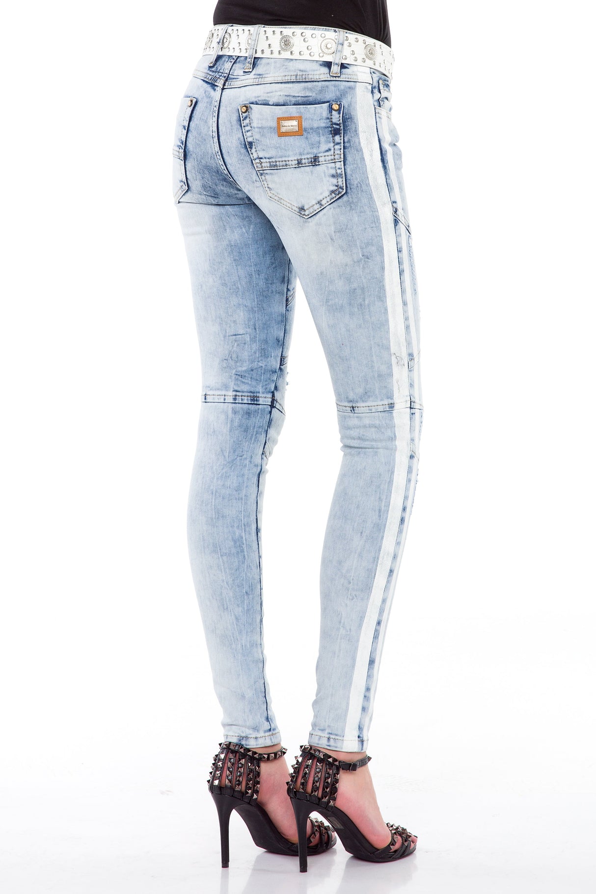 WD367 Women's Jeans – Slim Fit with white side stripes and used wash