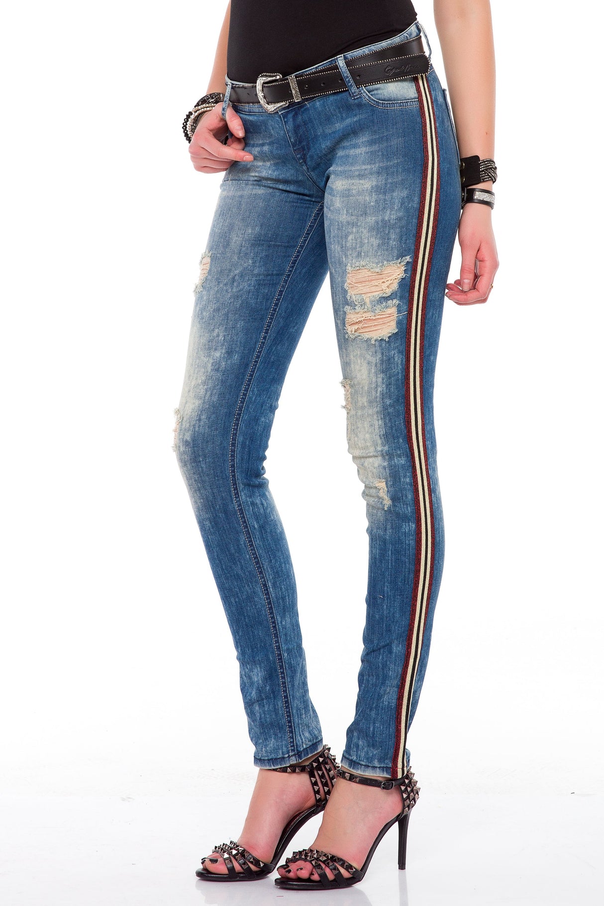 WD369 Women's Jeans with Side Stripes and Used Wash