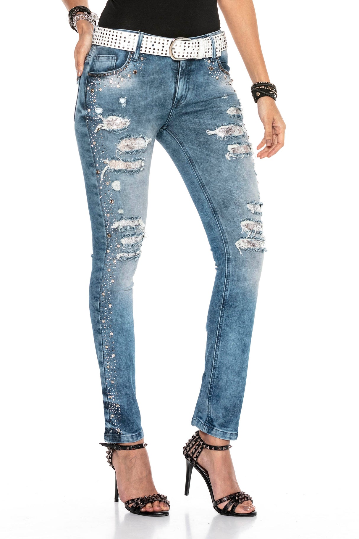 WD406 Women's Jeans – Rhinestone-Destroyed Style with Special Wash