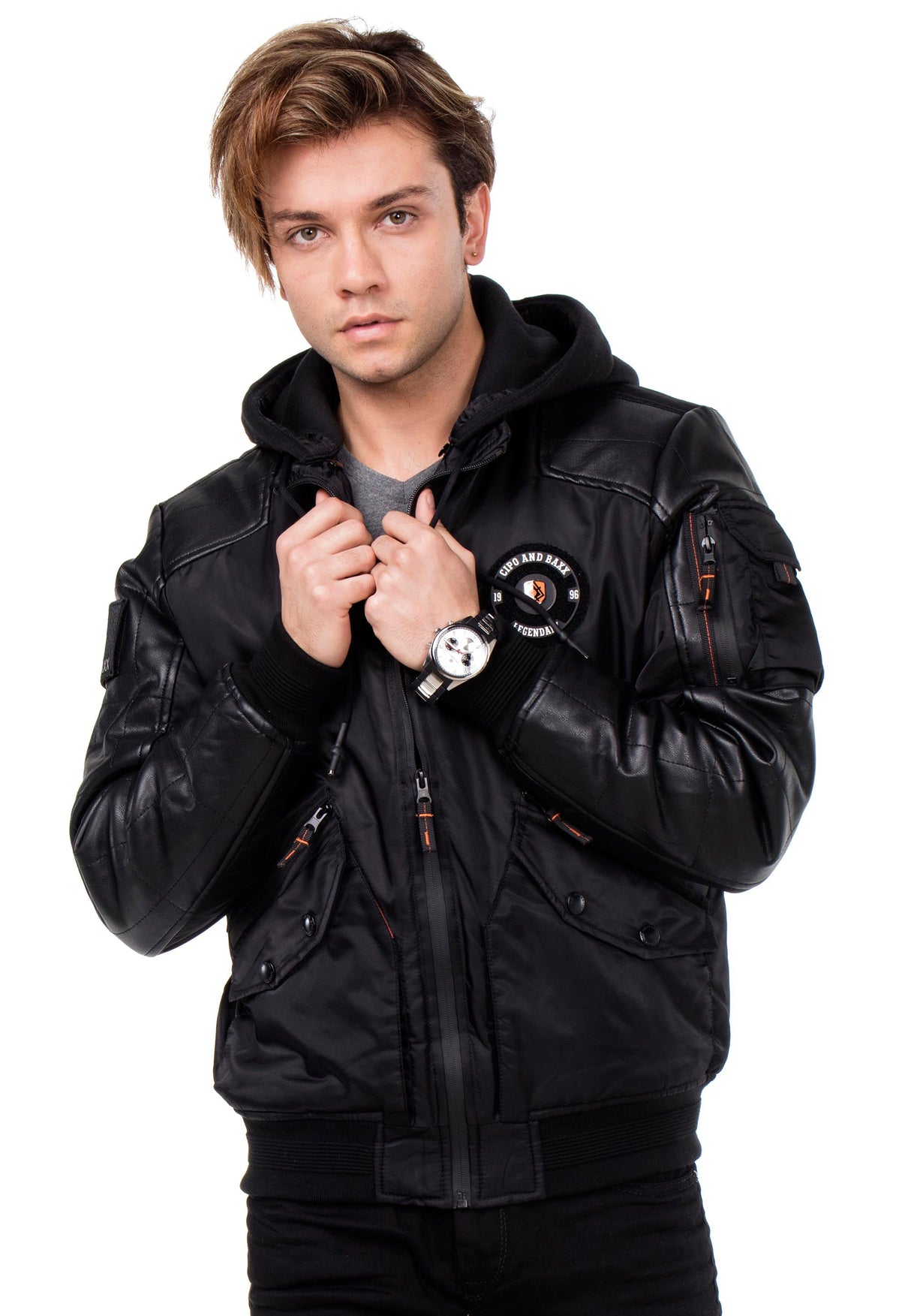 CM134 Men's Winter Jacket – Khaki Hooded Jacket with Black Sleeves & Zipper Details | Functional Streetwear for Cold Days