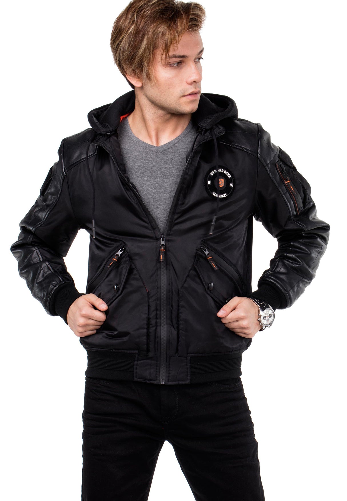 CM134 Men's Winter Jacket – Khaki Hooded Jacket with Black Sleeves & Zipper Details | Functional Streetwear for Cold Days