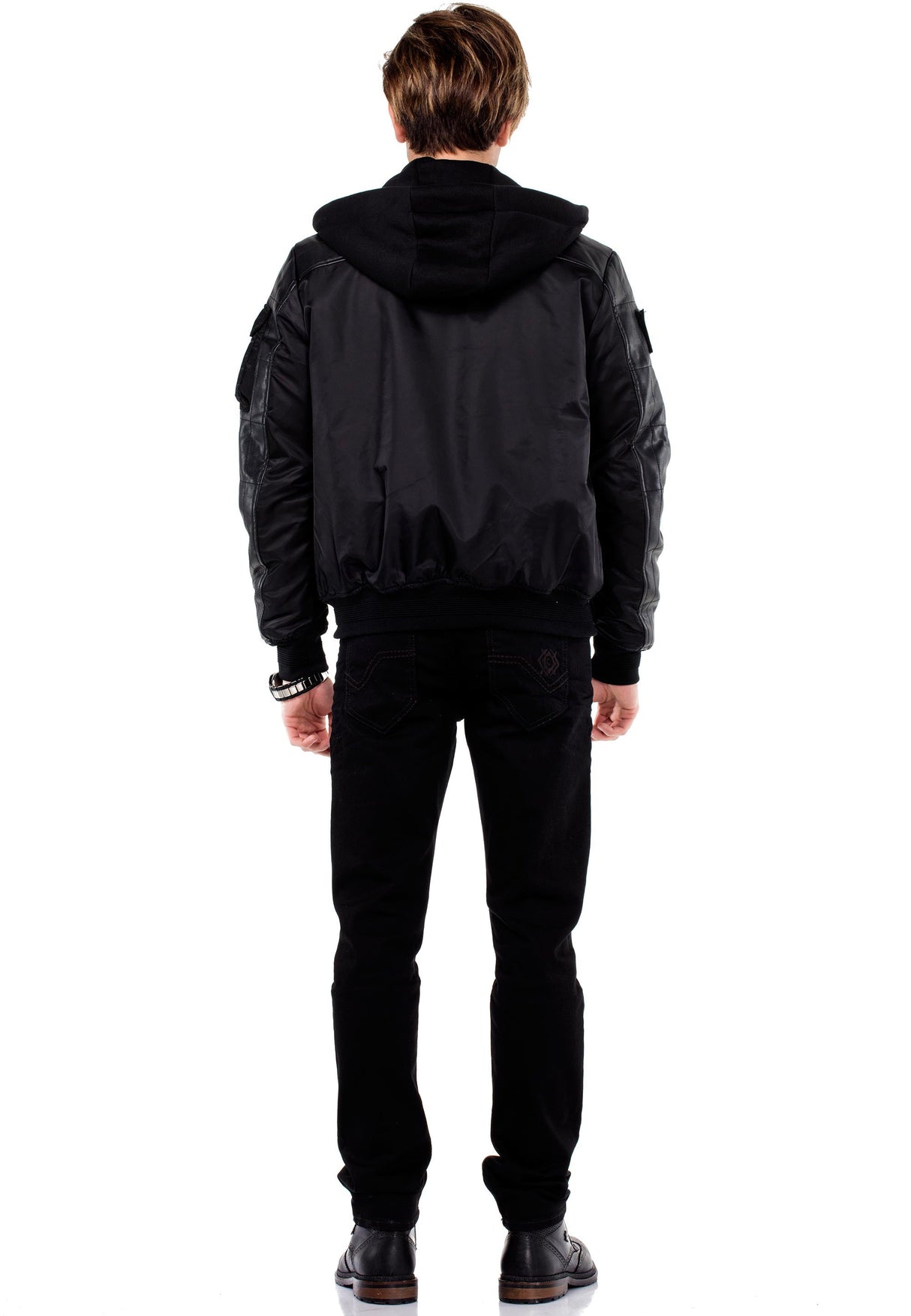 CM134 Men's Winter Jacket – Khaki Hooded Jacket with Black Sleeves & Zipper Details | Functional Streetwear for Cold Days