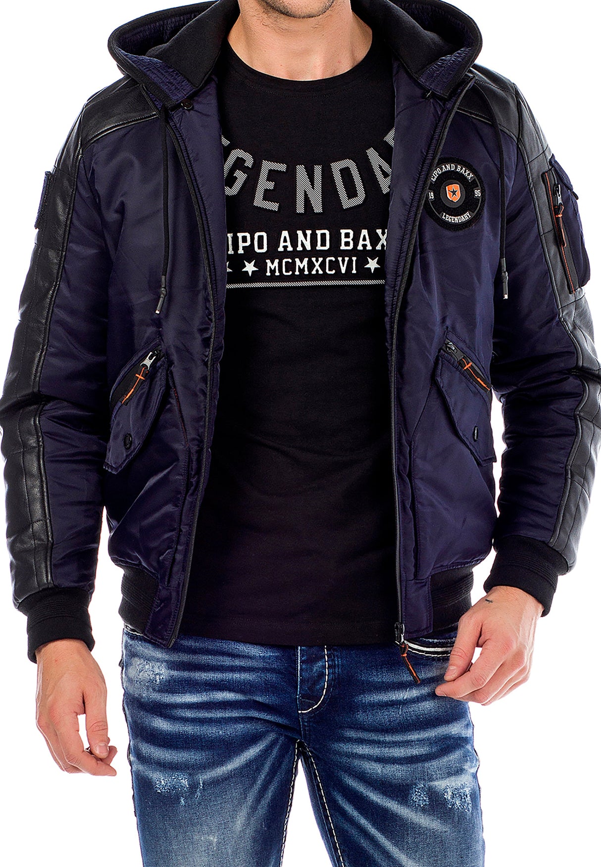 CM134 Men's Winter Jacket – Khaki Hooded Jacket with Black Sleeves & Zipper Details | Functional Streetwear for Cold Days
