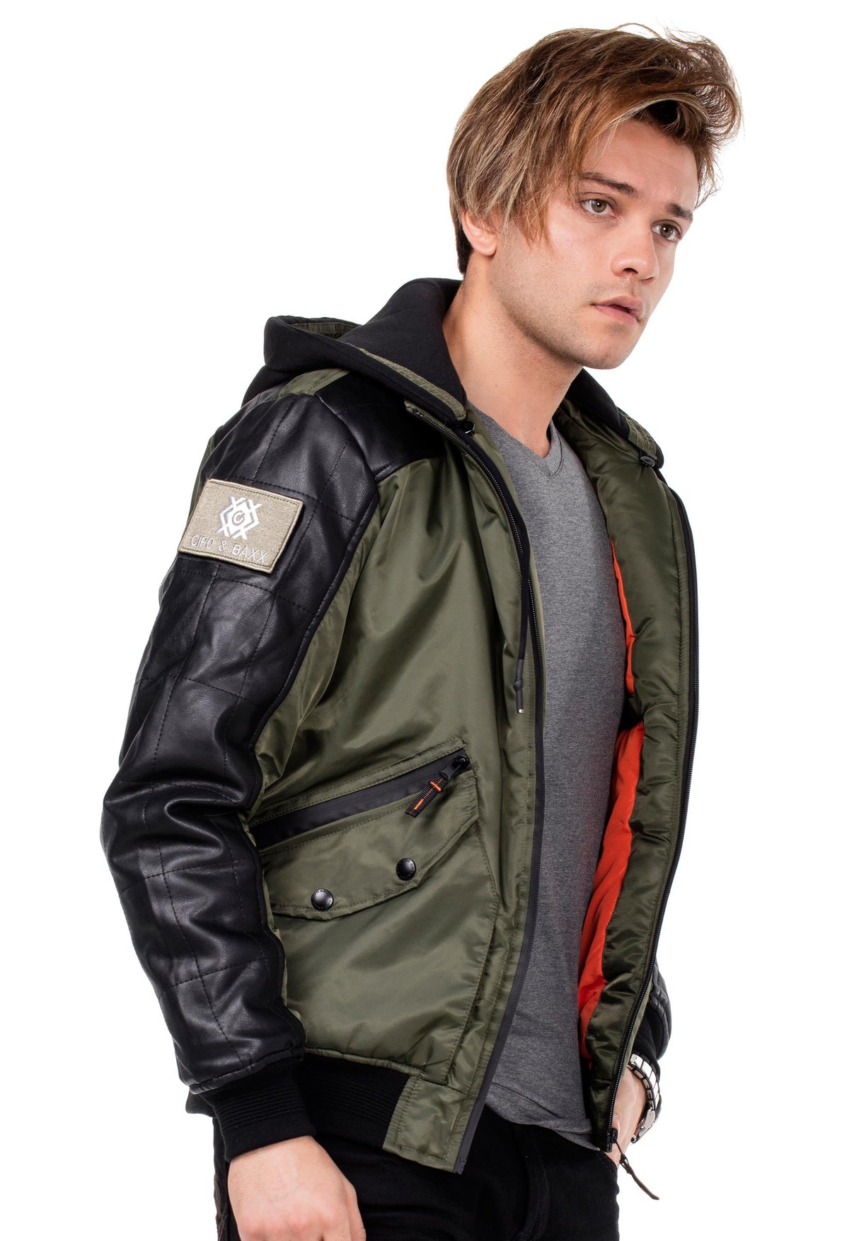 CM134 Men's Winter Jacket – Khaki Hooded Jacket with Black Sleeves & Zipper Details | Functional Streetwear for Cold Days
