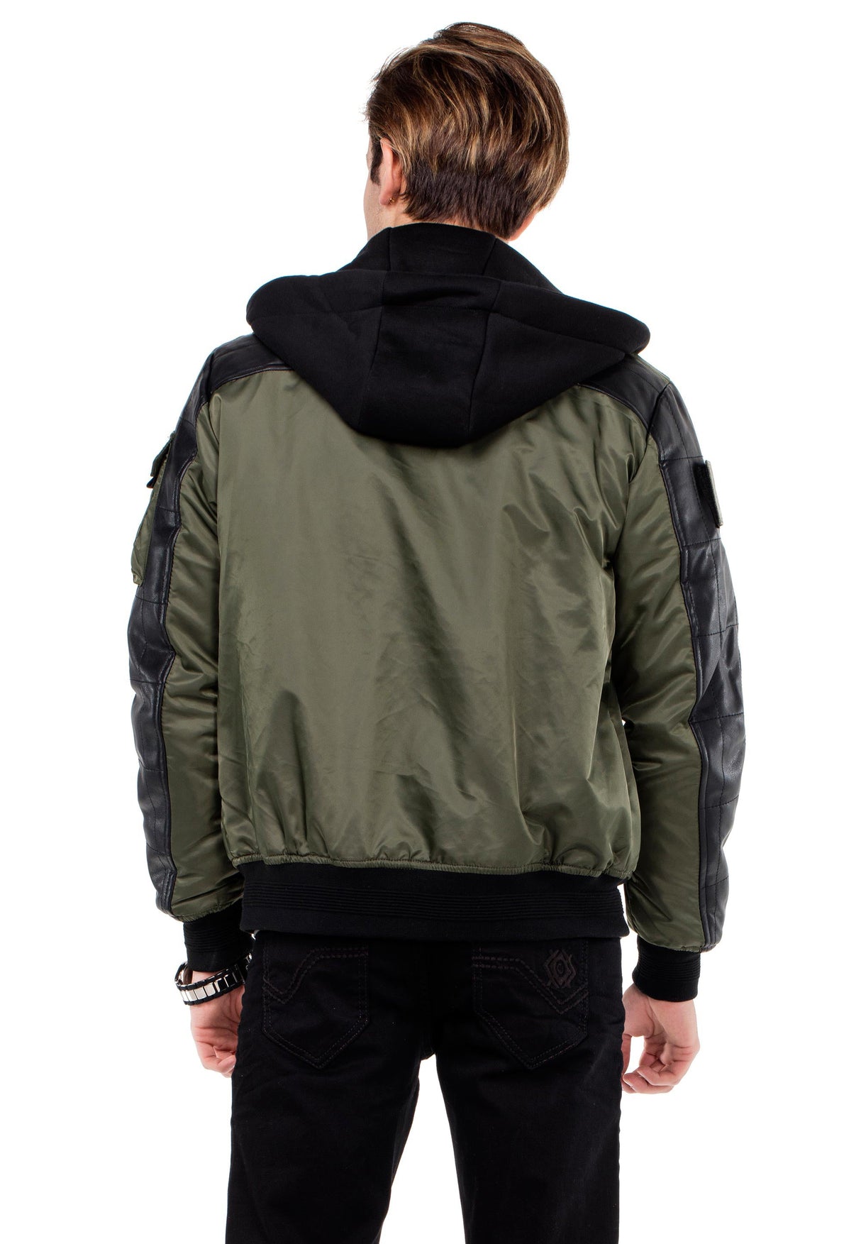 CM134 Men's Winter Jacket – Khaki Hooded Jacket with Black Sleeves & Zipper Details | Functional Streetwear for Cold Days