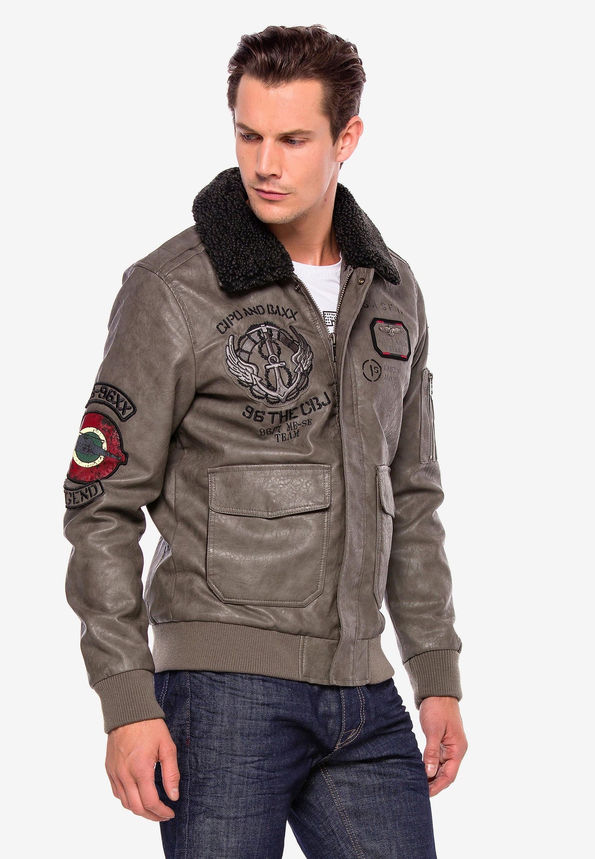 CM164 Men's Winter Jacket – Beige PU Leather Look Jacket with Faux Fur Collar & Patches | Warmly Lined Streetwear for Cold Days