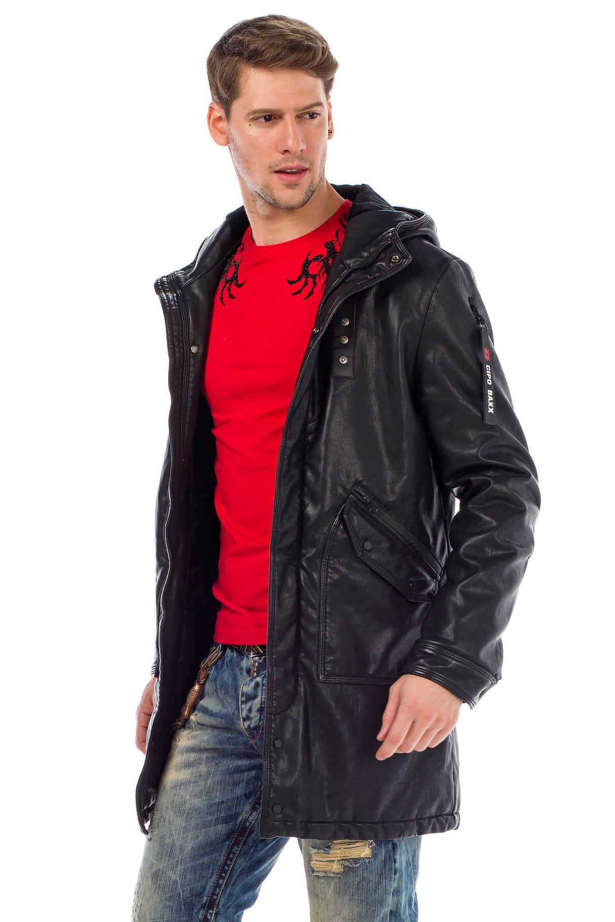 CM148 Men's Winter Jacket – Long cut in PU leather look | With hood & striking patch details