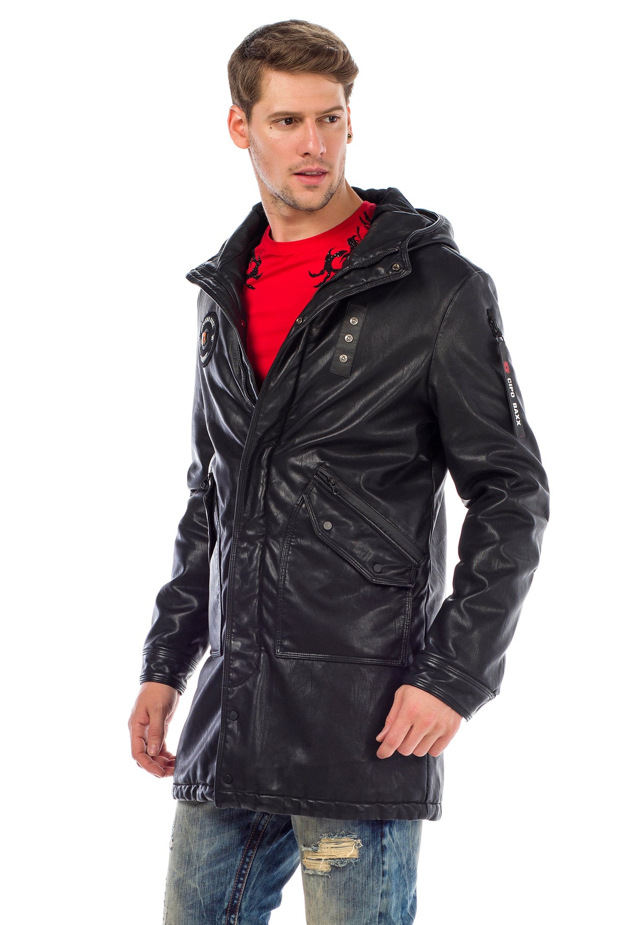 CM148 Men's Winter Jacket – Long cut in PU leather look | With hood & striking patch details