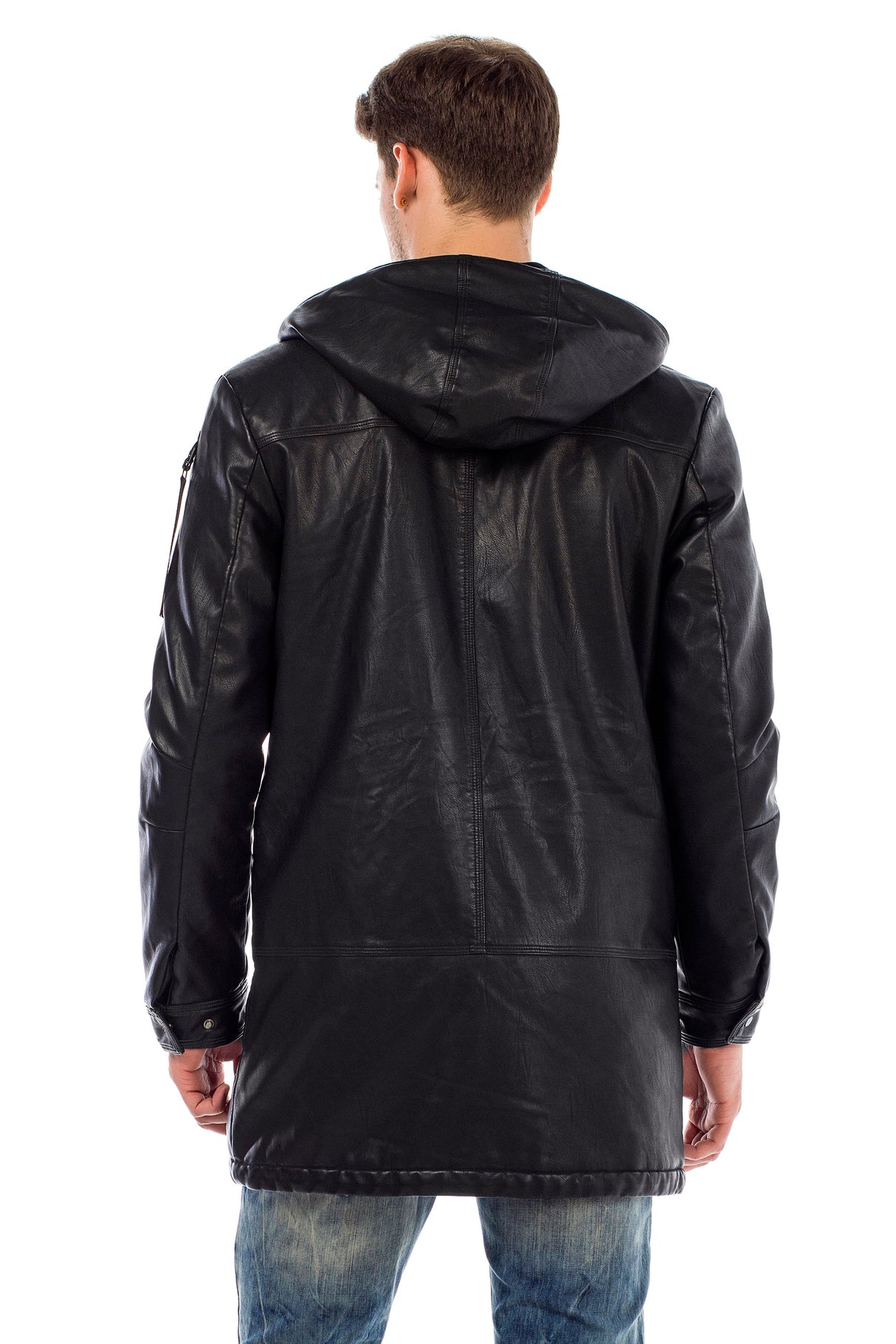 CM148 Men's Winter Jacket – Long cut in PU leather look | With hood & striking patch details