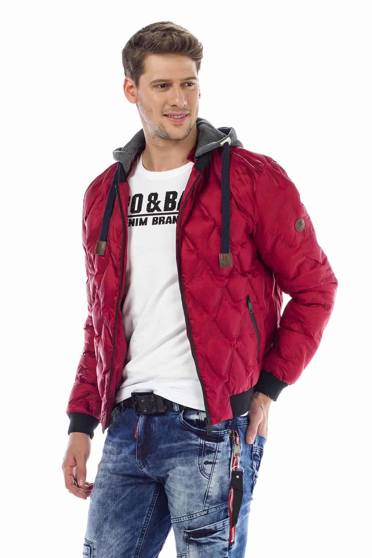 CM152 Men's Winter Jacket – Saxblue Quilted Jacket with Detachable Hood & Shiny Finish | Warm Streetwear for Cold Days