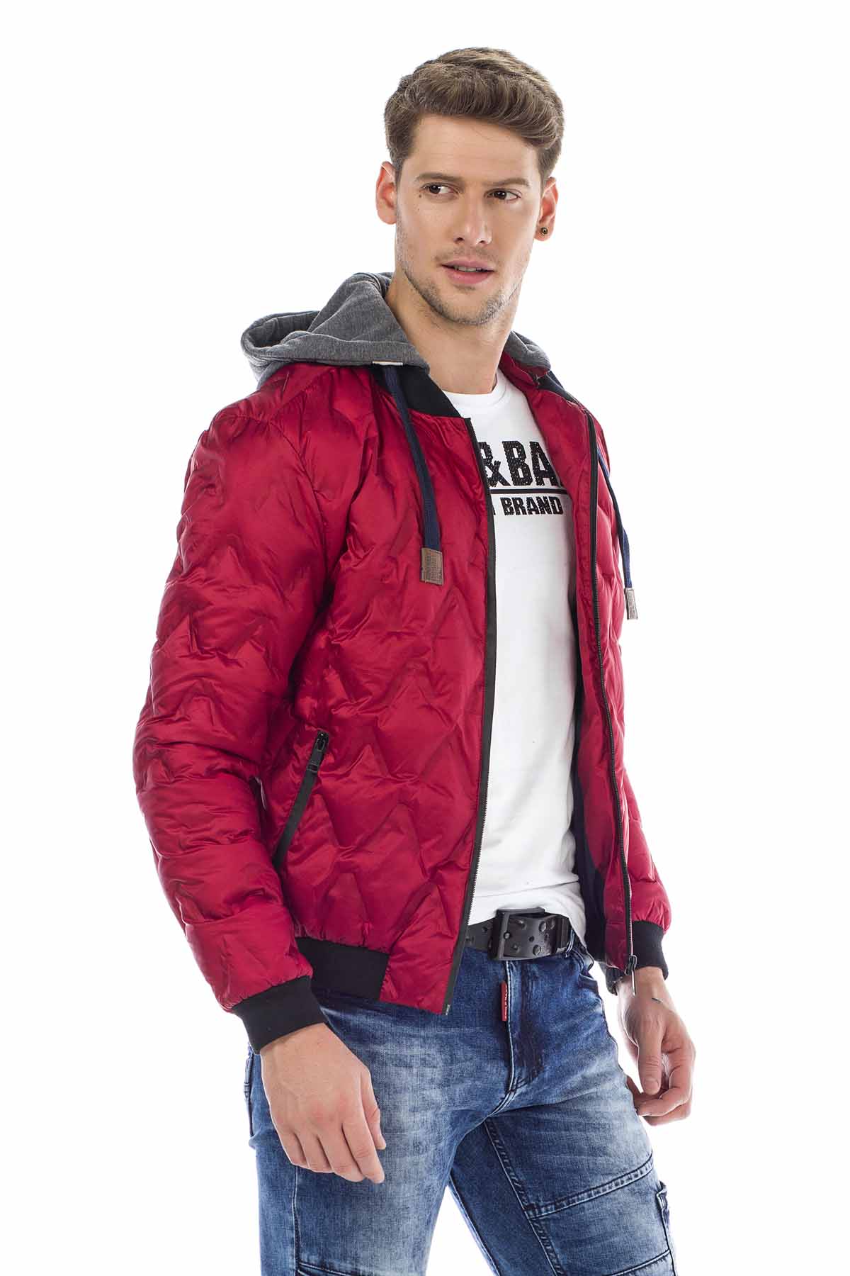 CM152 Men's Winter Jacket – Saxblue Quilted Jacket with Detachable Hood & Shiny Finish | Warm Streetwear for Cold Days
