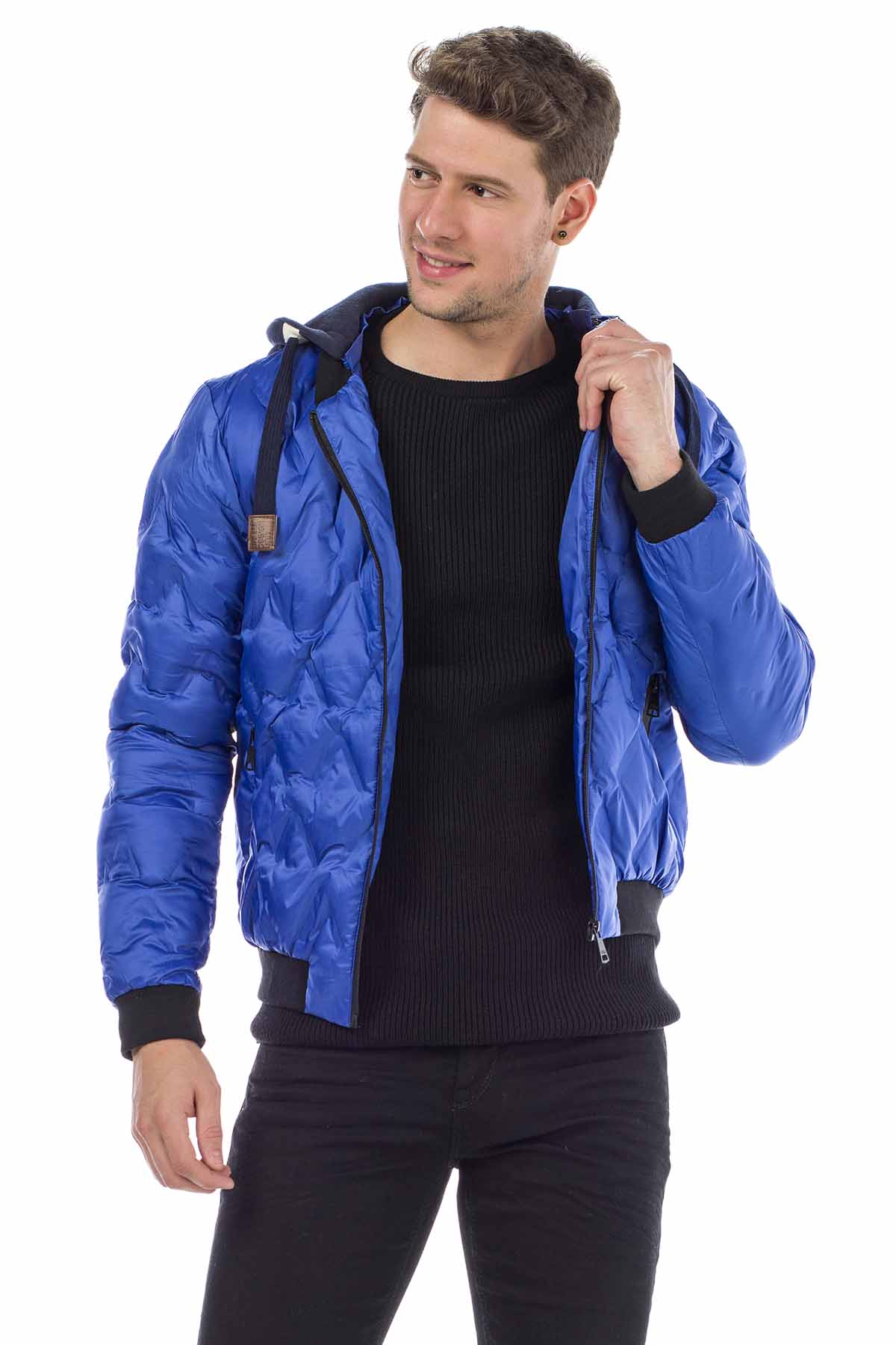CM152 Men's Winter Jacket – Saxblue Quilted Jacket with Detachable Hood & Shiny Finish | Warm Streetwear for Cold Days