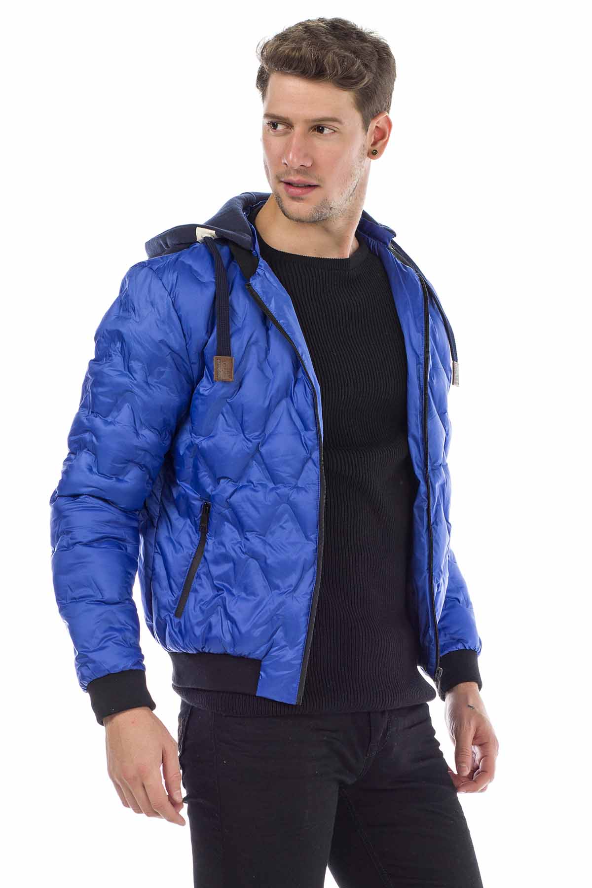 CM152 Men's Winter Jacket – Saxblue Quilted Jacket with Detachable Hood & Shiny Finish | Warm Streetwear for Cold Days