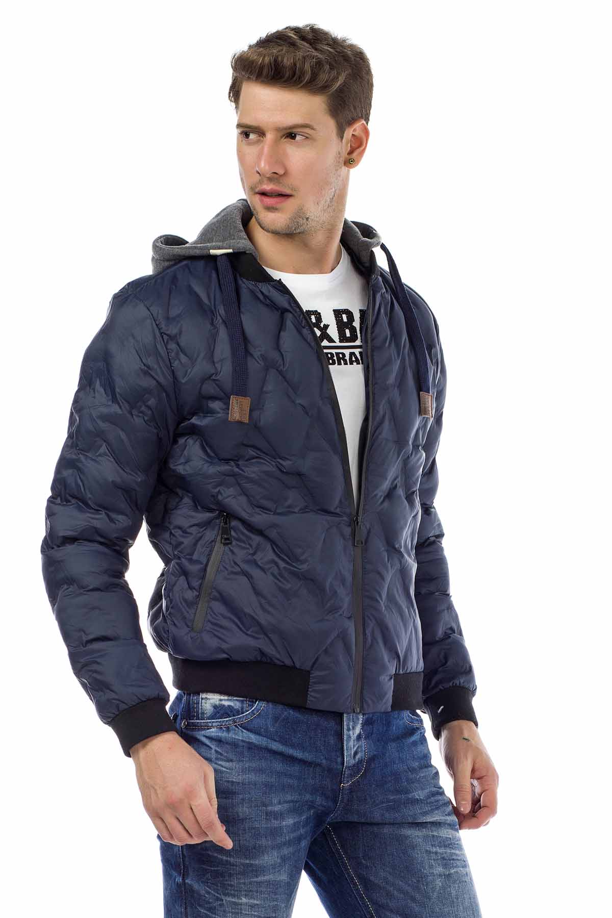 CM152 Men's Winter Jacket – Saxblue Quilted Jacket with Detachable Hood & Shiny Finish | Warm Streetwear for Cold Days