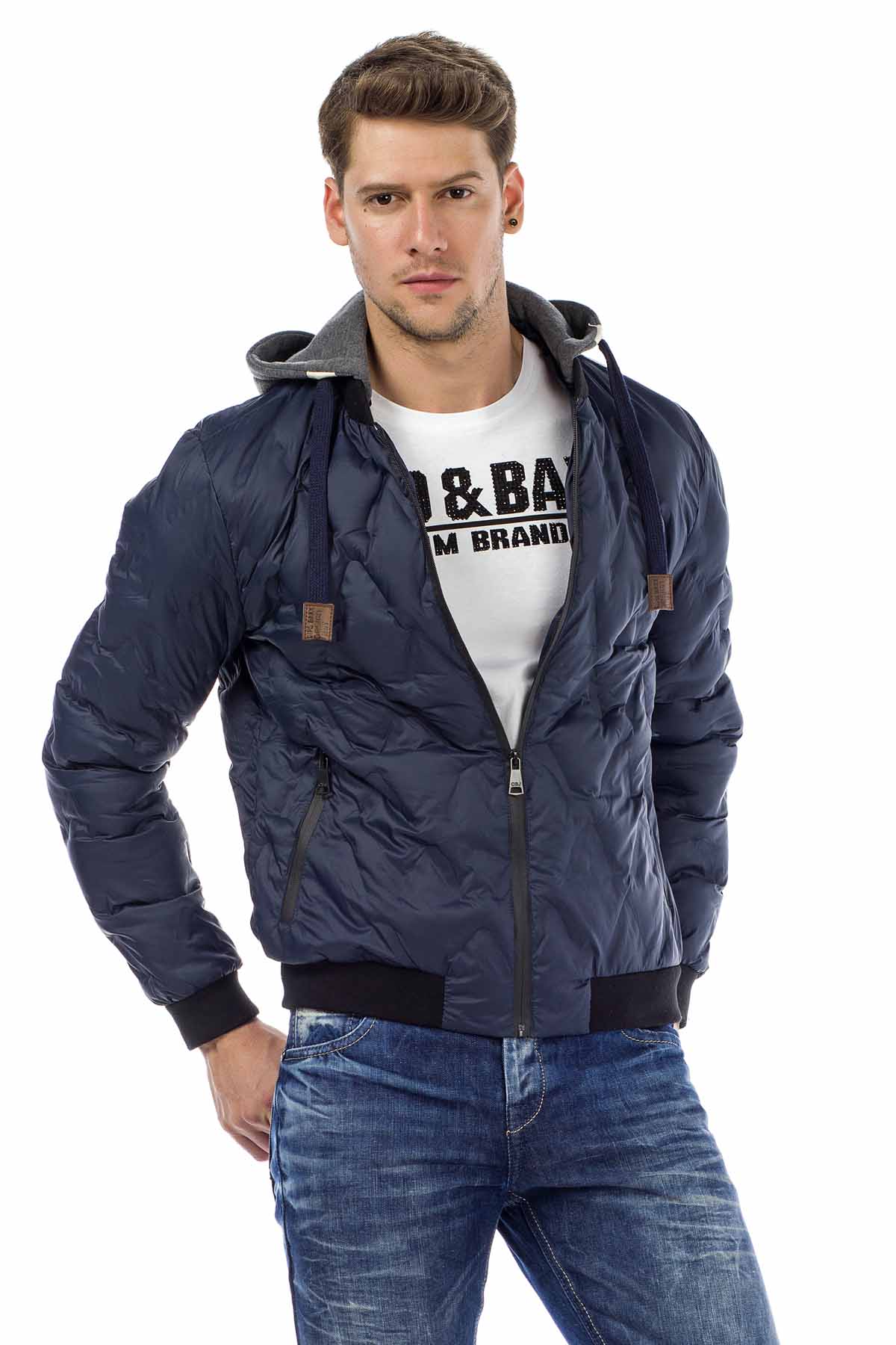 CM152 Men's Winter Jacket – Saxblue Quilted Jacket with Detachable Hood & Shiny Finish | Warm Streetwear for Cold Days