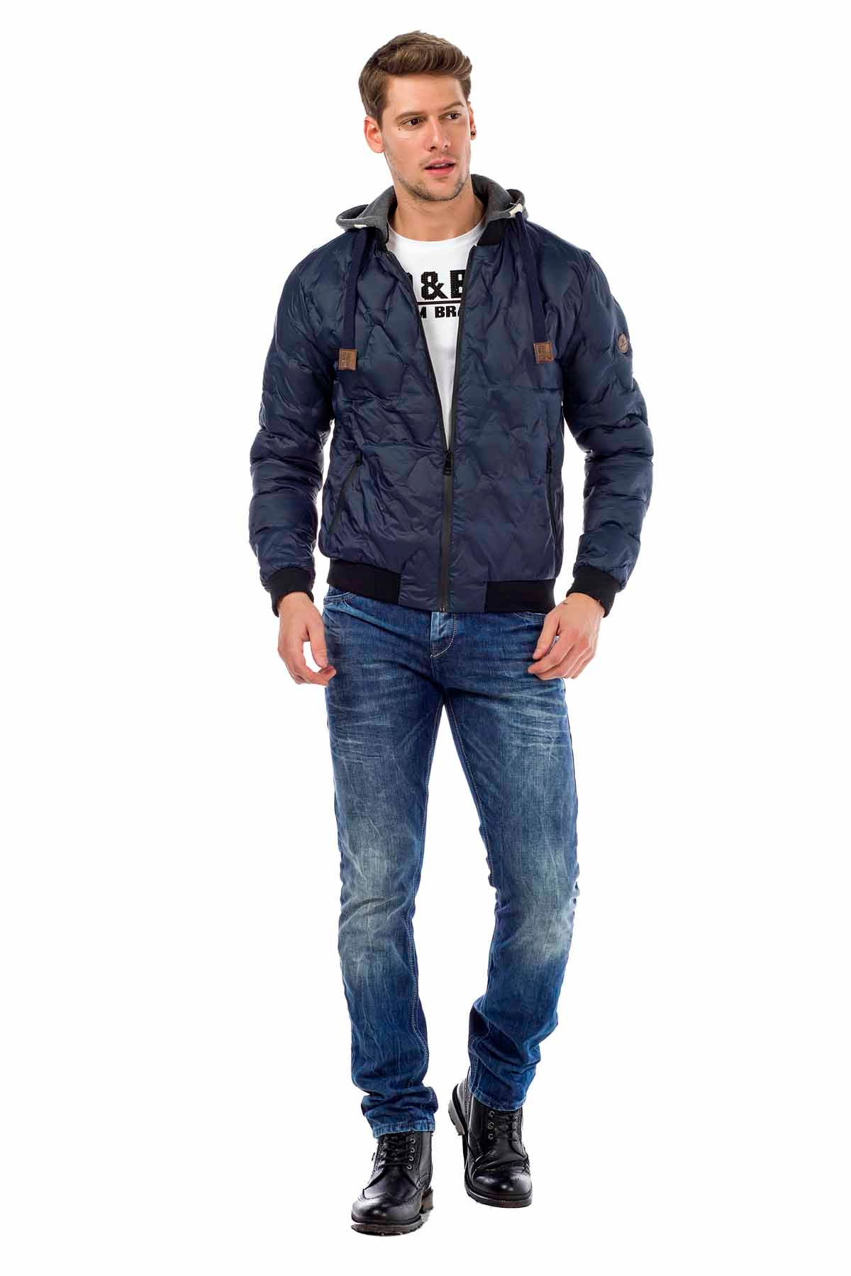 CM152 Men's Winter Jacket – Saxblue Quilted Jacket with Detachable Hood & Shiny Finish | Warm Streetwear for Cold Days