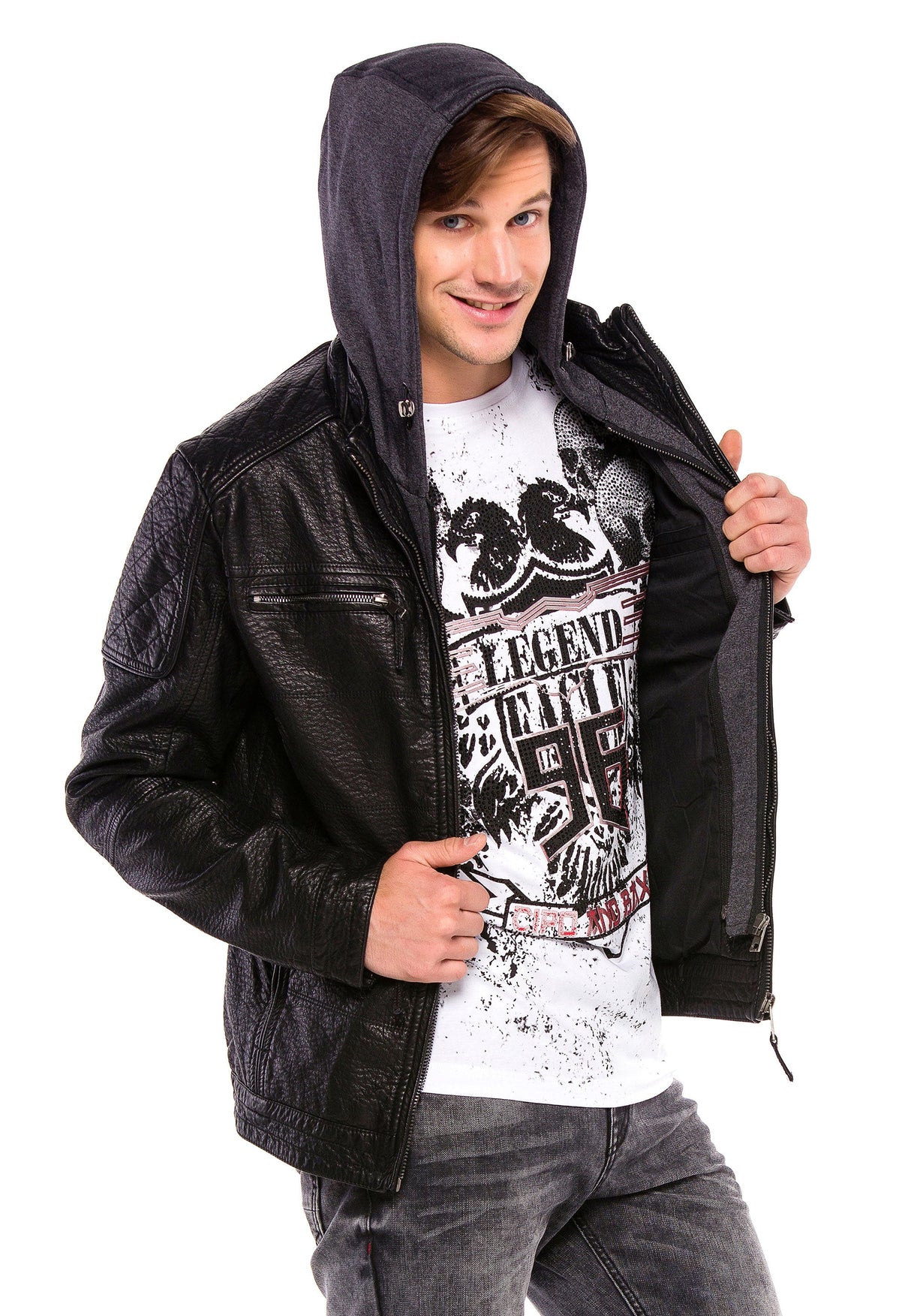 CM156 Men's Transitional Jacket – PU Leather Look with Detachable Hood | Textured Details & Sporty Cut