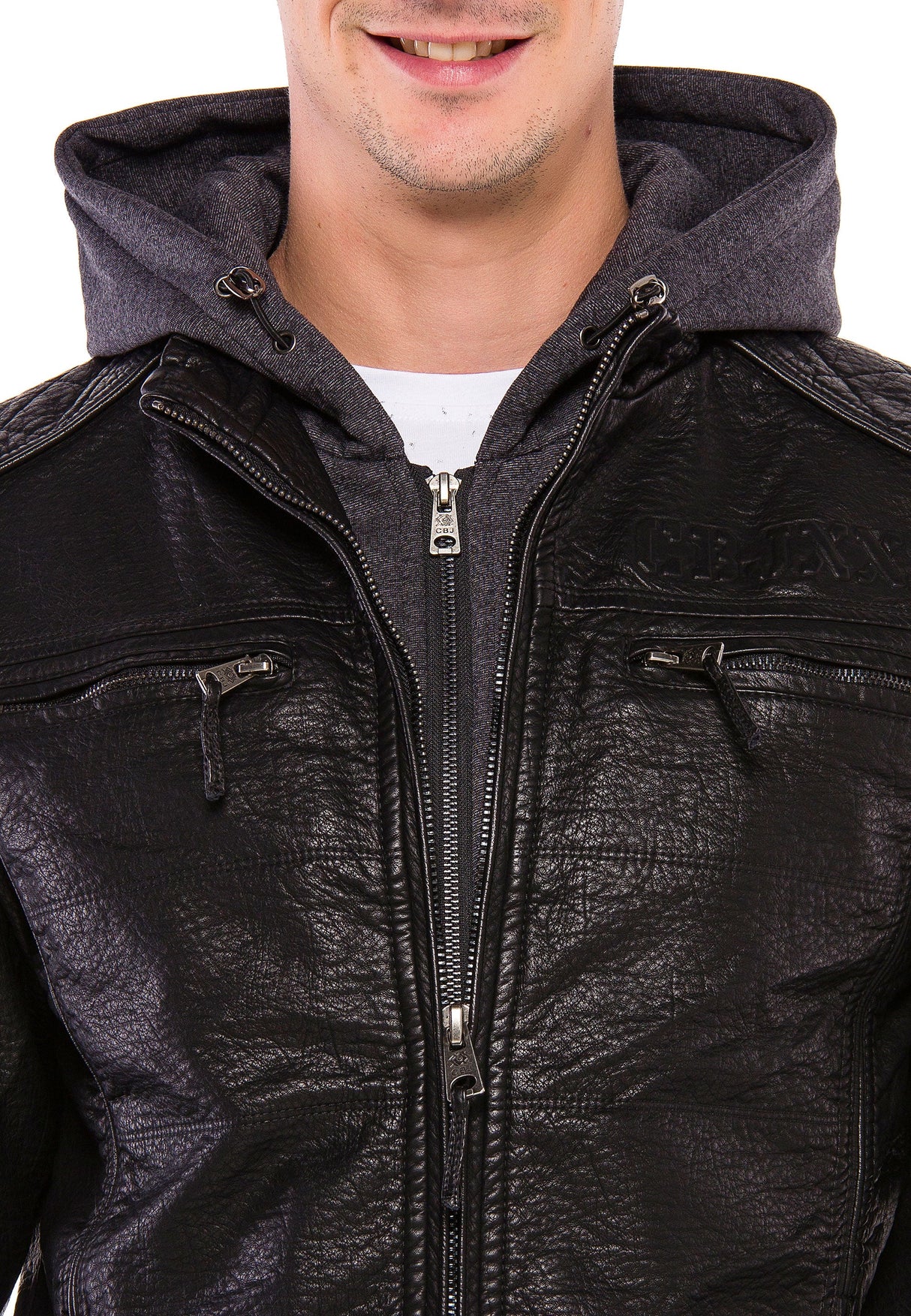 CM156 Men's Transitional Jacket – PU Leather Look with Detachable Hood | Textured Details & Sporty Cut