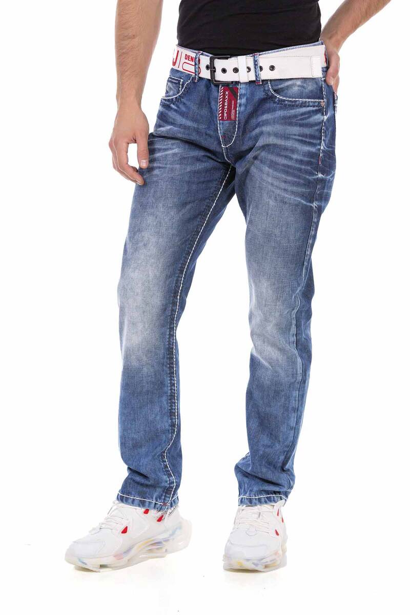 CD702 Men's Straight Fit Jeans with trendy decorative stitching