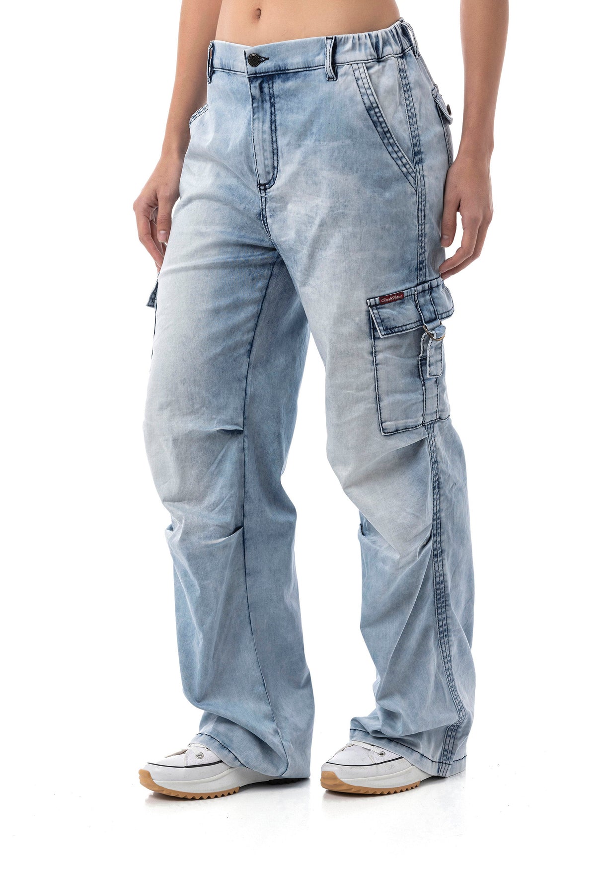 WD544 Women's Baggy Jeans – Relaxed Fit Trousers in Ice Blue with Cargo Pockets