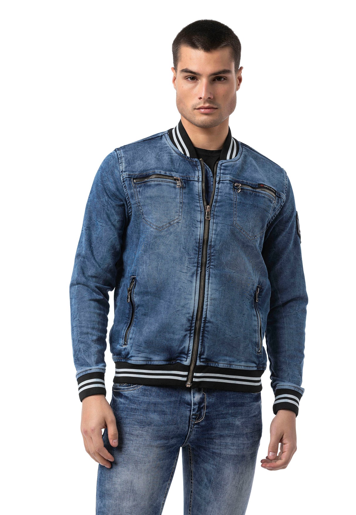 CJ310 Men's denim jacket with striped cuffs and college collar