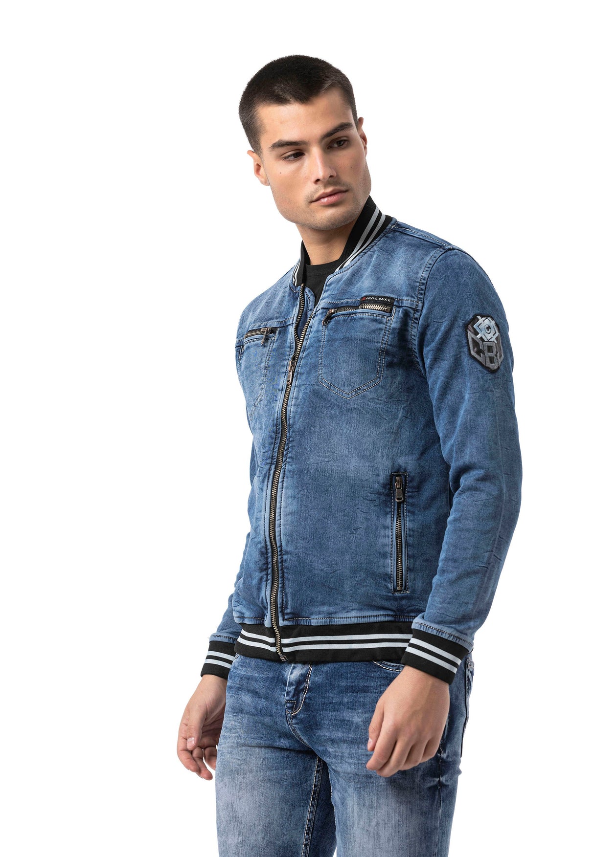 CJ310 Men's denim jacket with striped cuffs and college collar