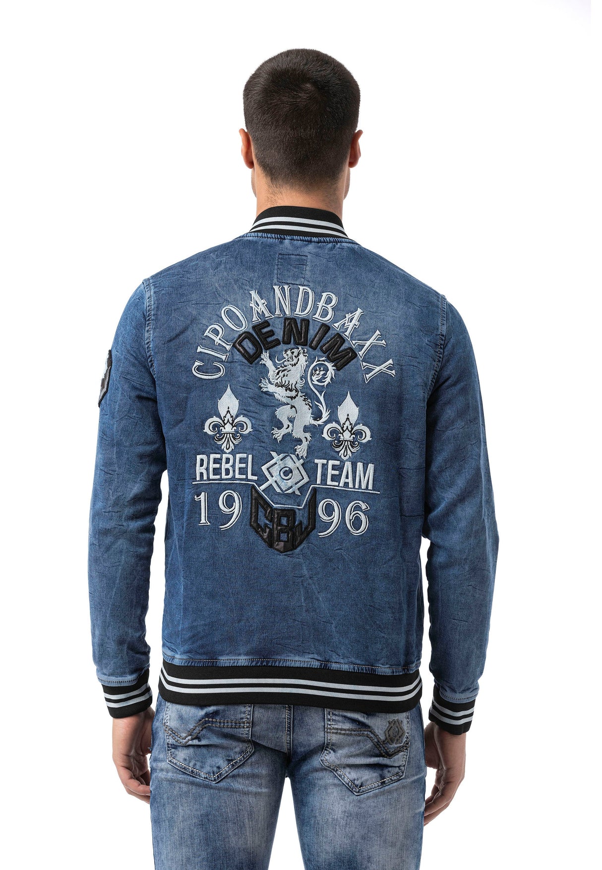 CJ310 Men's denim jacket with striped cuffs and college collar