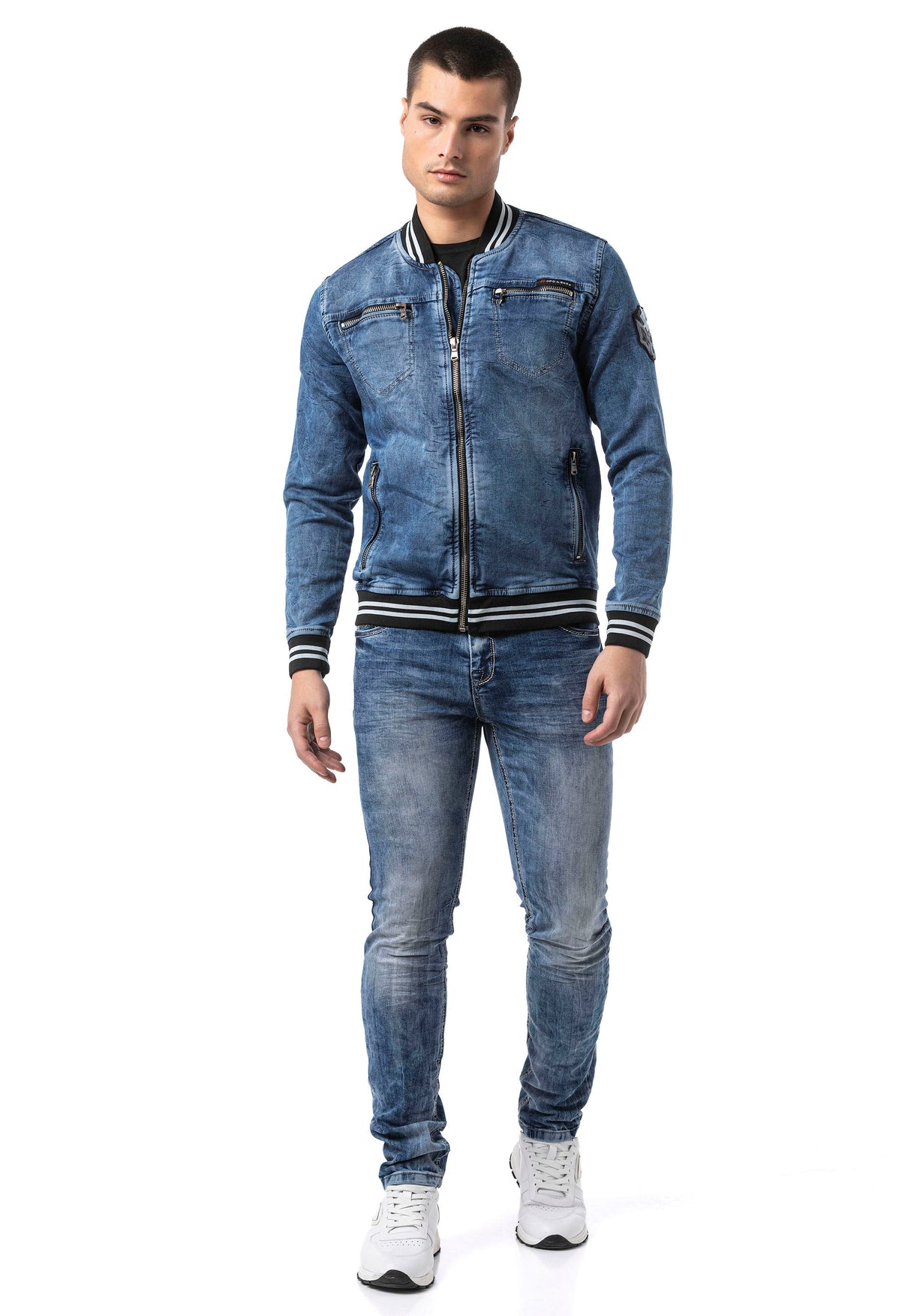 CJ310 Men's denim jacket with striped cuffs and college collar