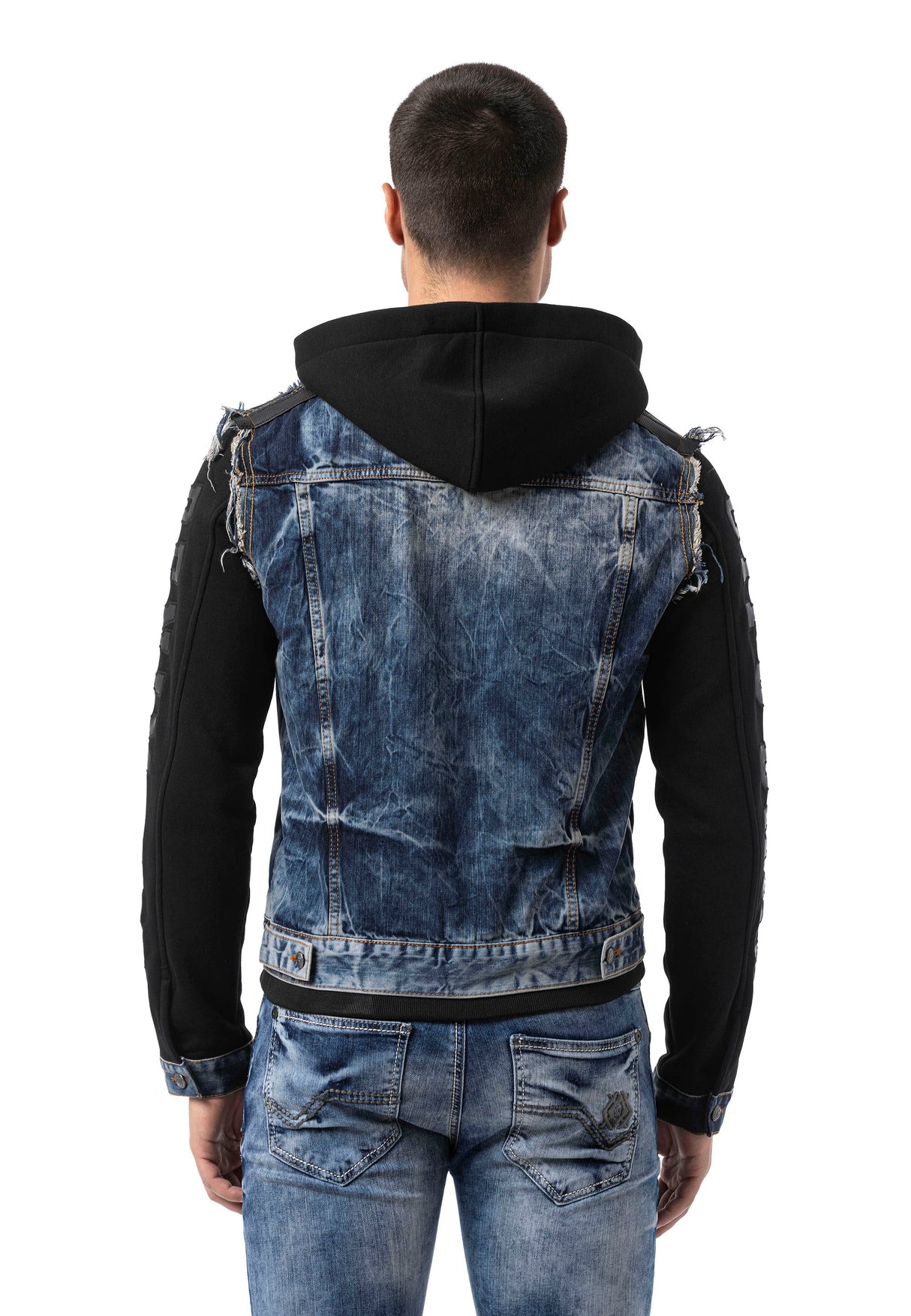 CJ309 Men's denim jacket with sweat hood and sweat sleeves