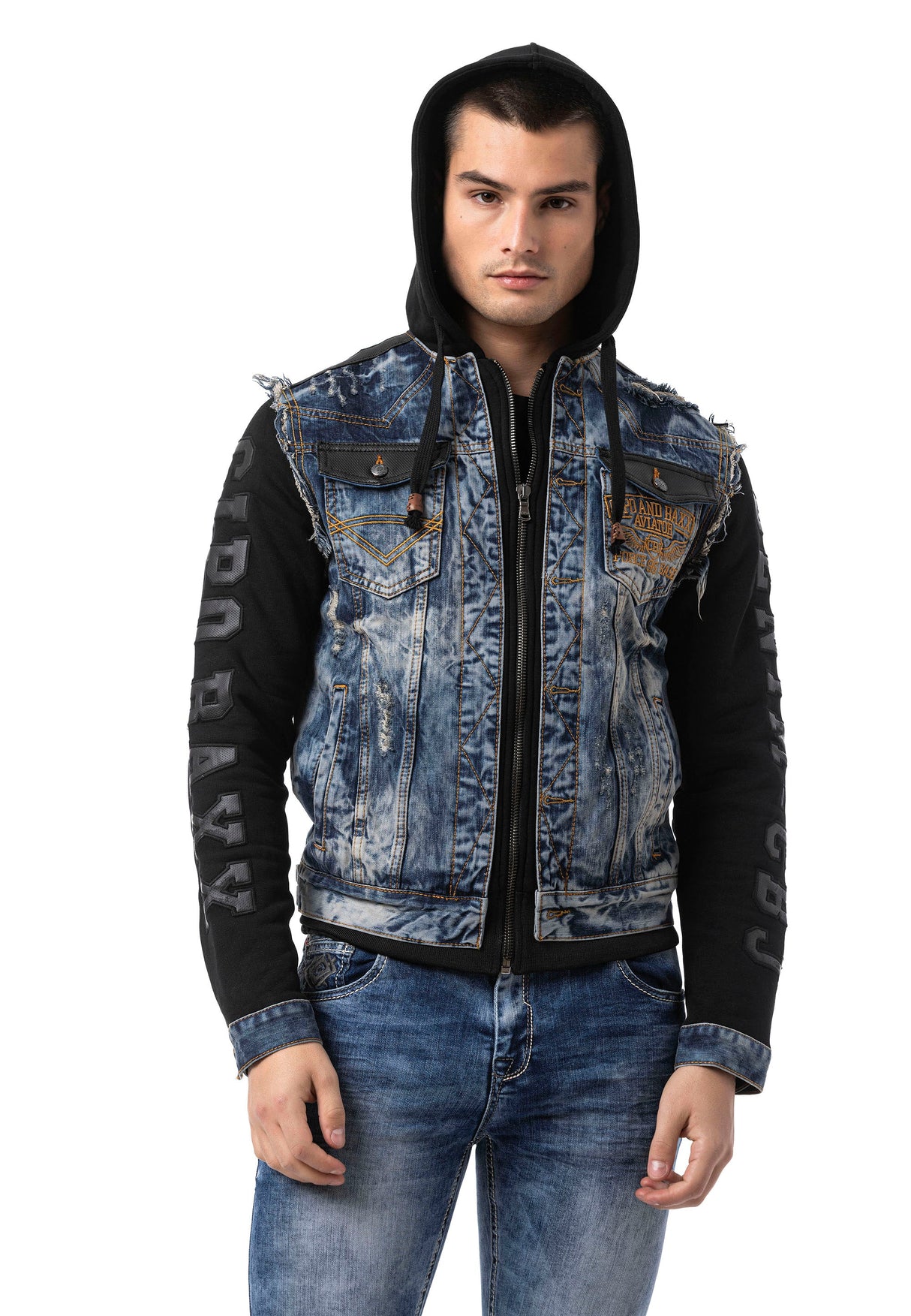 CJ309 Men's denim jacket with sweat hood and sweat sleeves
