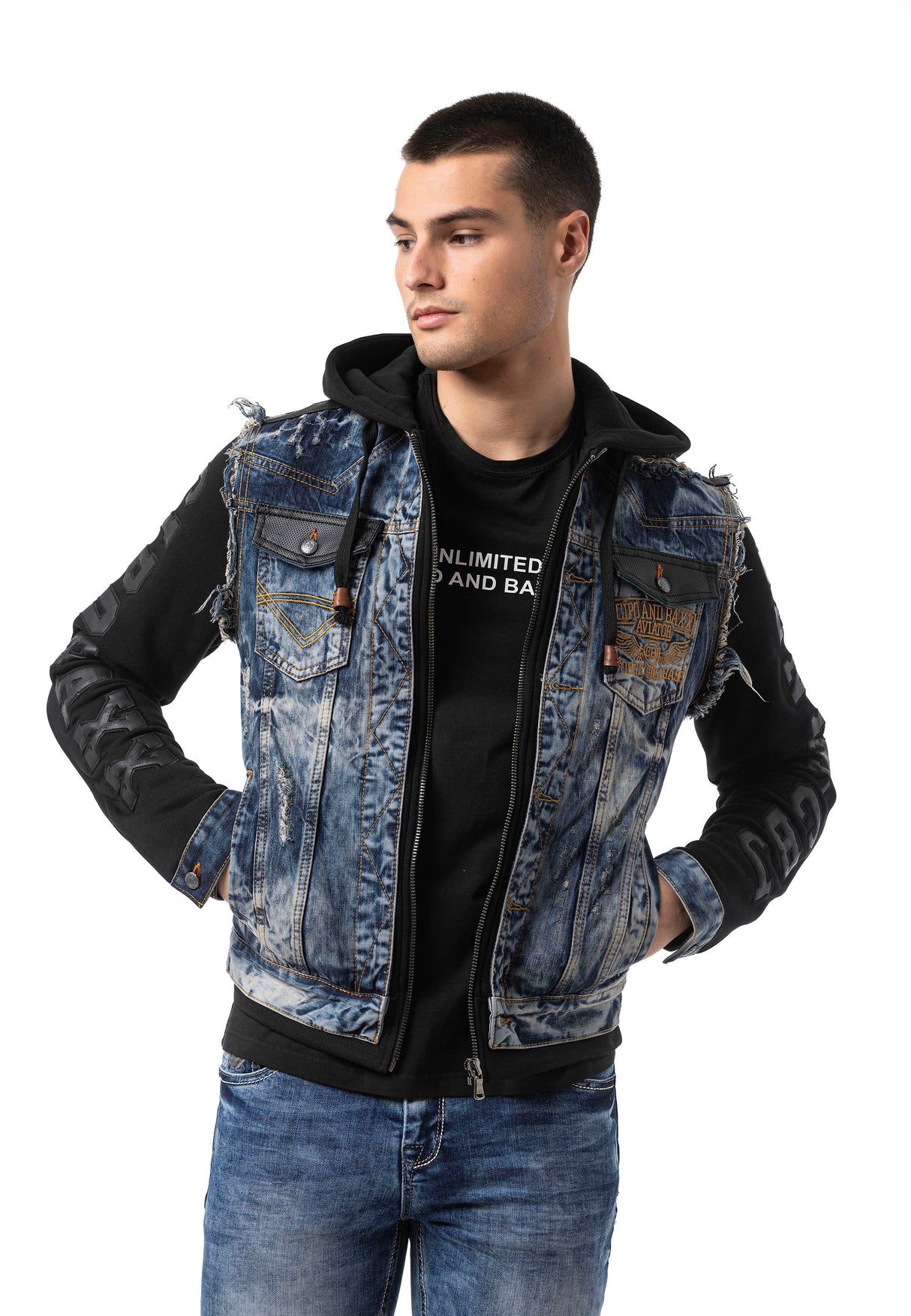 CJ309 Men's denim jacket with sweat hood and sweat sleeves