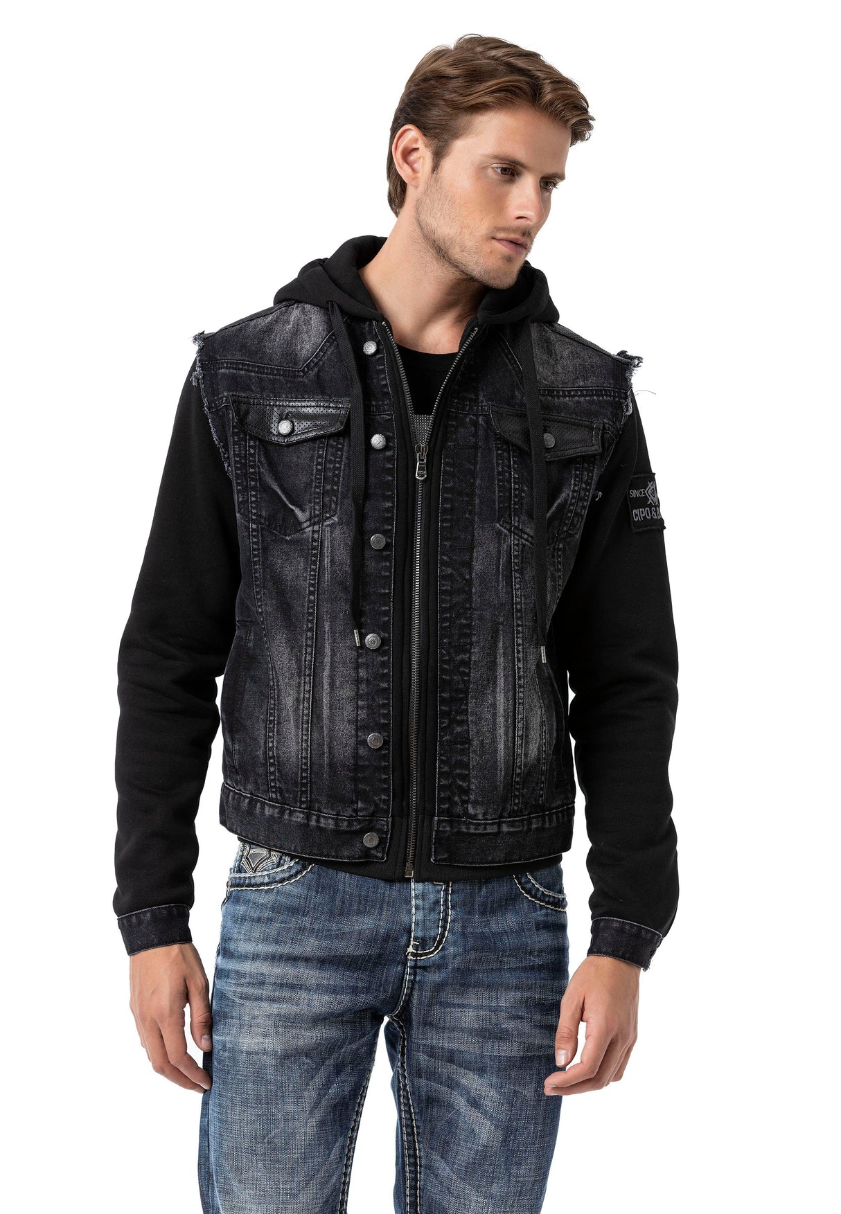CJ307 Men's denim jacket with sweat sleeves and hood