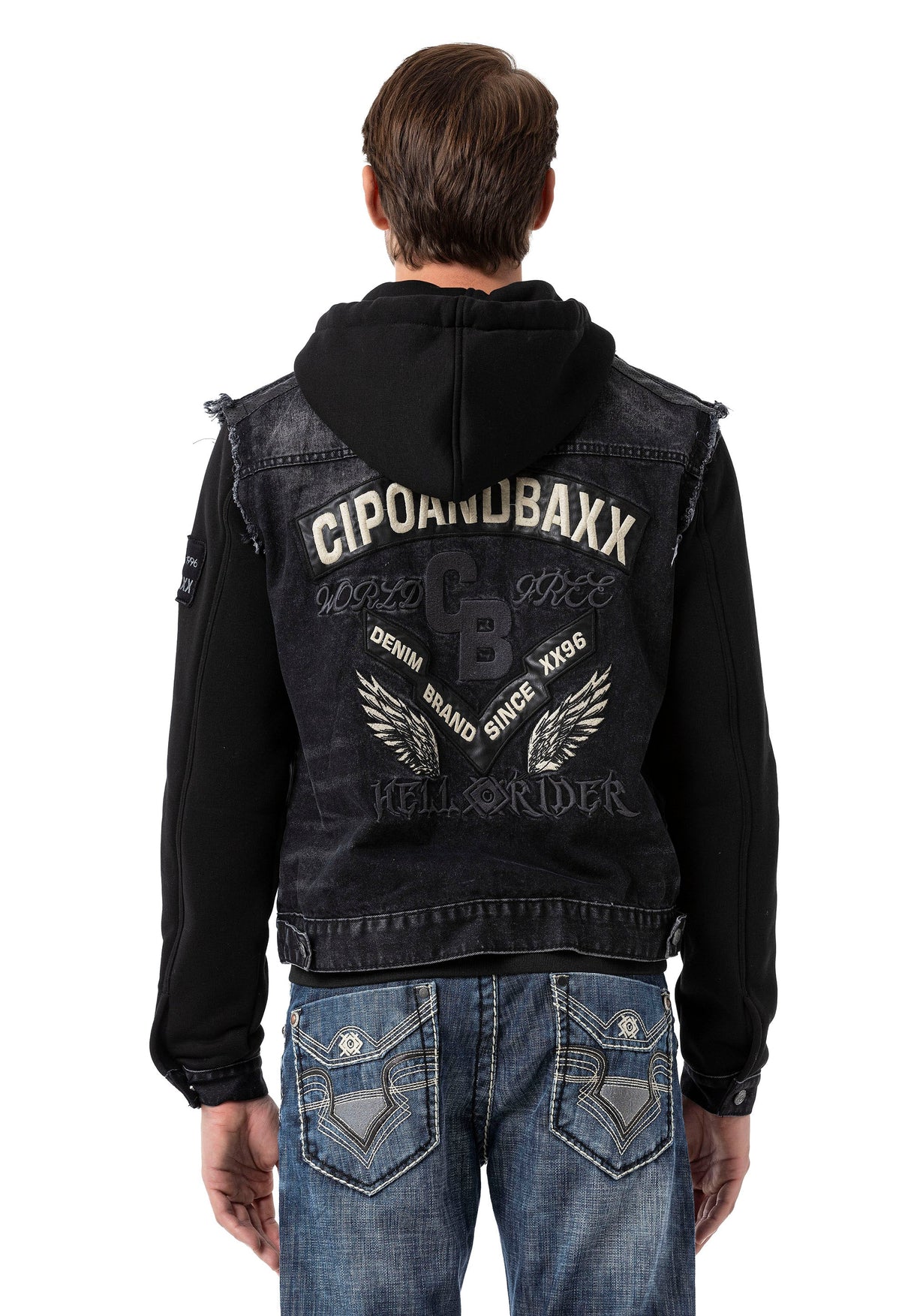 CJ307 Men's denim jacket with sweat sleeves and hood
