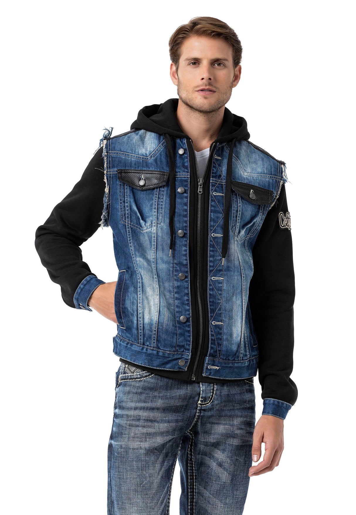 CJ307 Men's denim jacket with sweat sleeves and hood
