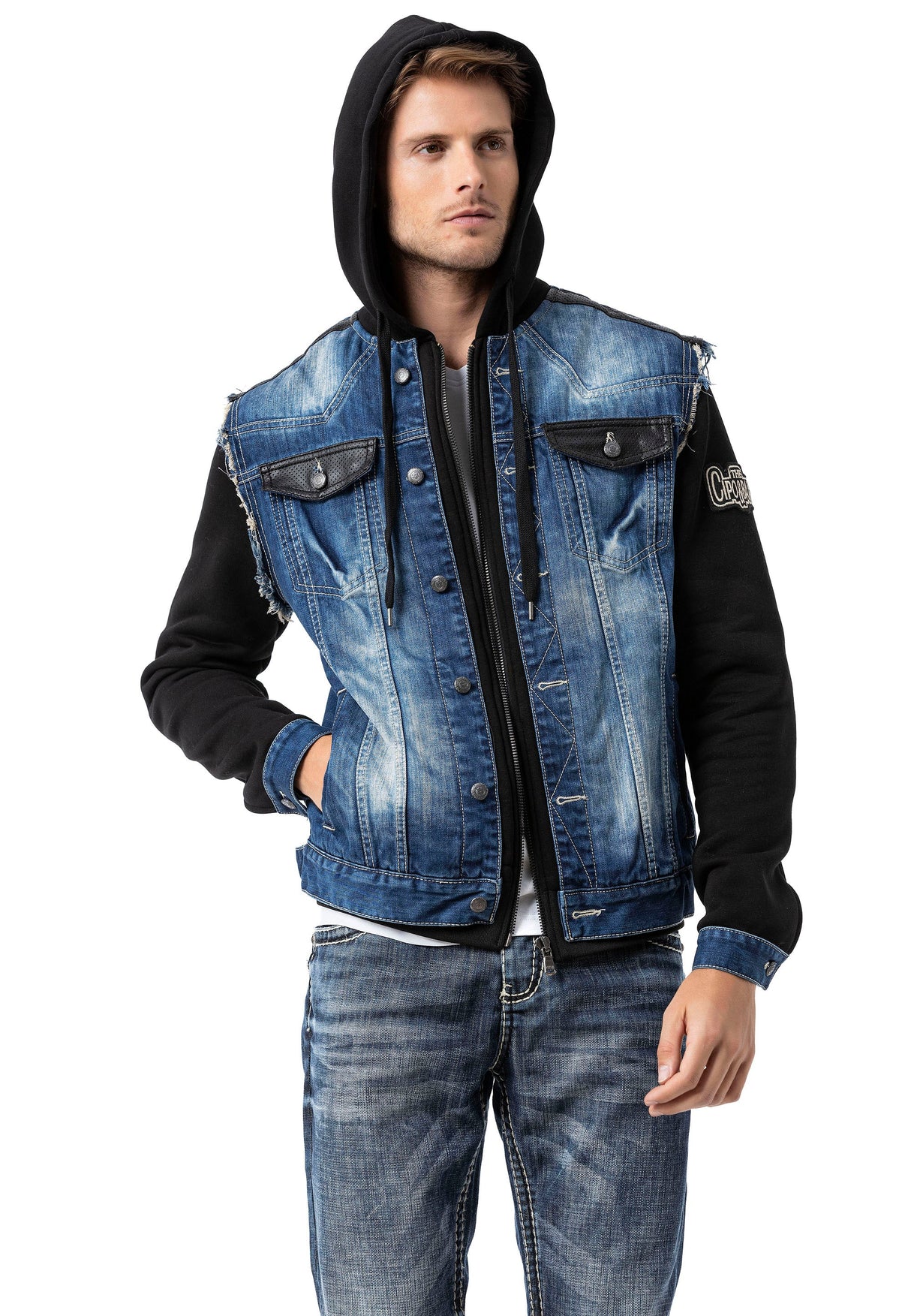 CJ307 Men's denim jacket with sweat sleeves and hood
