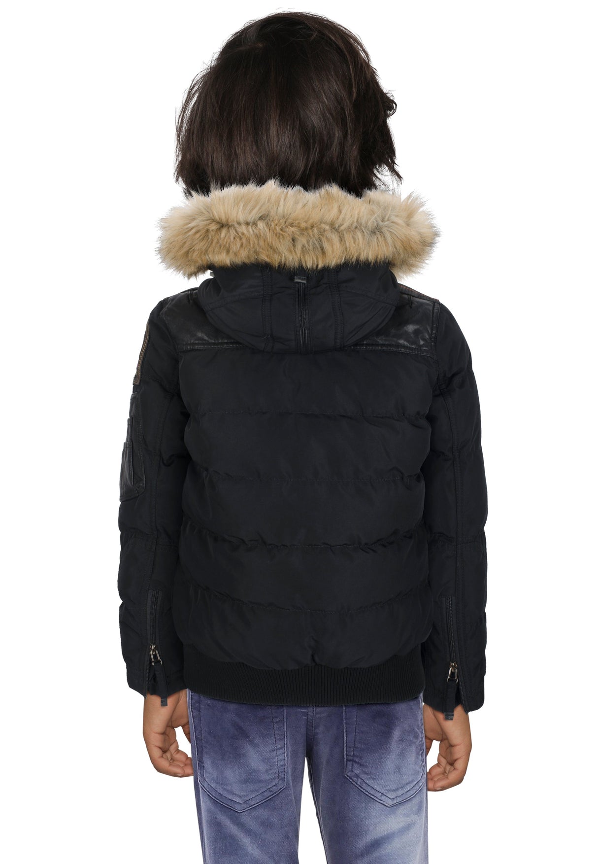 CMK103 Boys' Winter Jacket – Black children's jacket with fur hood & zippered pockets