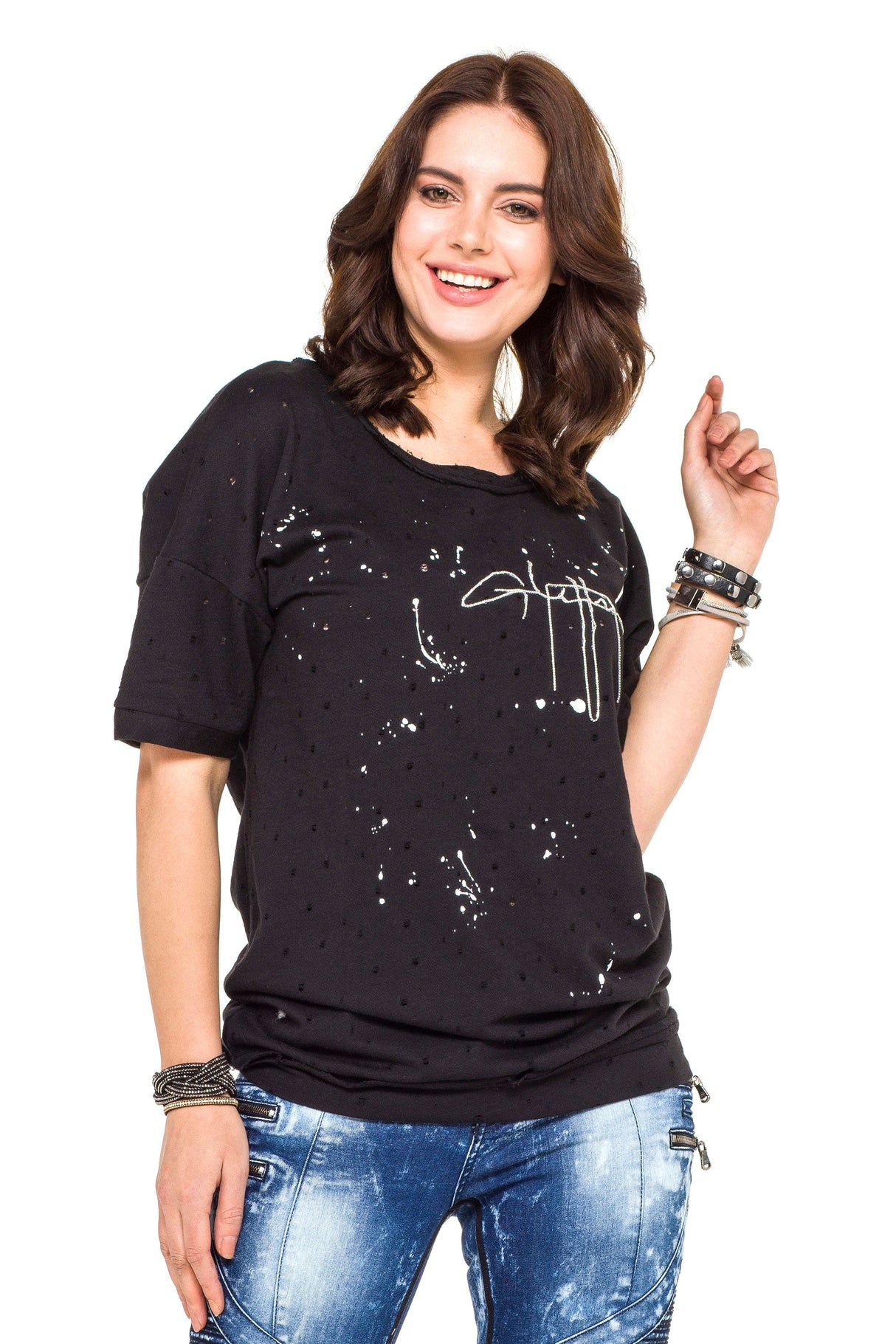 WT254 Oversized Women's T-Shirt with Lettering & Destroyed Details – Black
