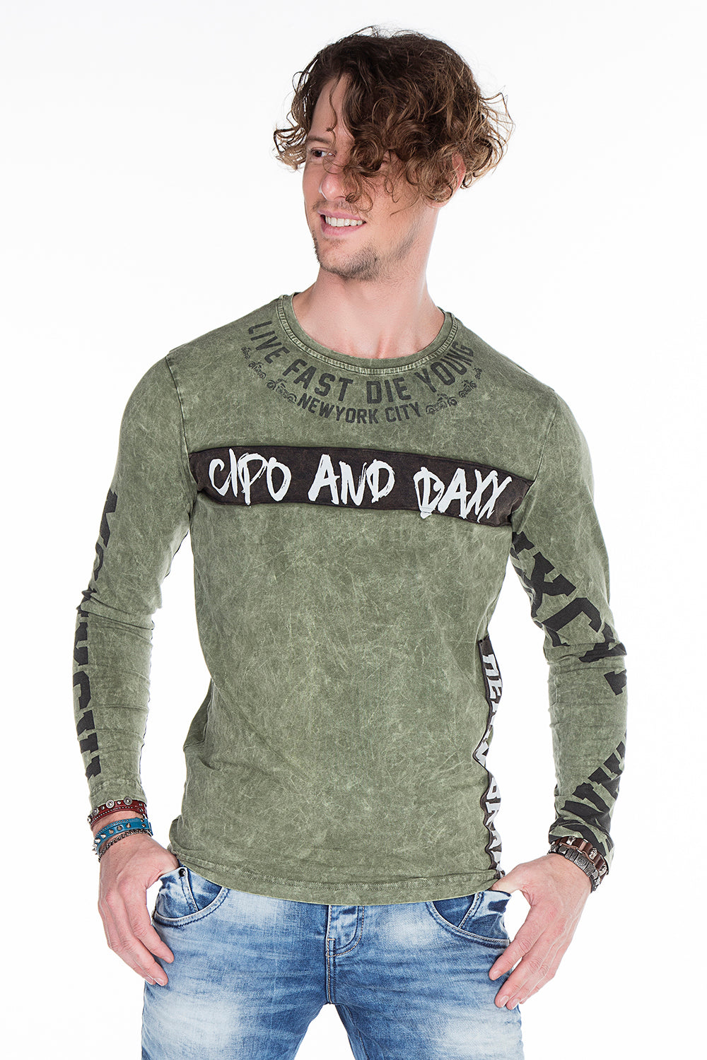 CL254 Men's Sweatshirt – Green Long Sleeve Pullover with Street Denim Print