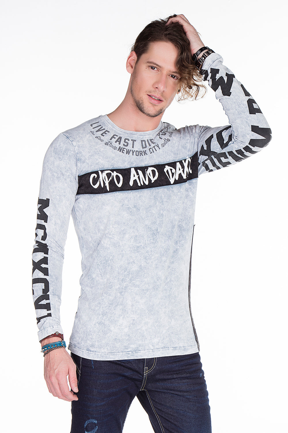CL254 Men's Sweatshirt – Green Long Sleeve Pullover with Street Denim Print