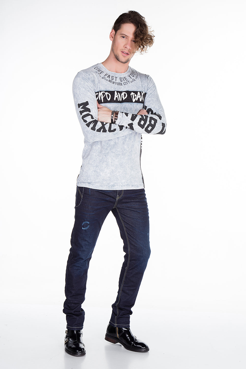 CL254 Men's Sweatshirt – Green Long Sleeve Pullover with Street Denim Print