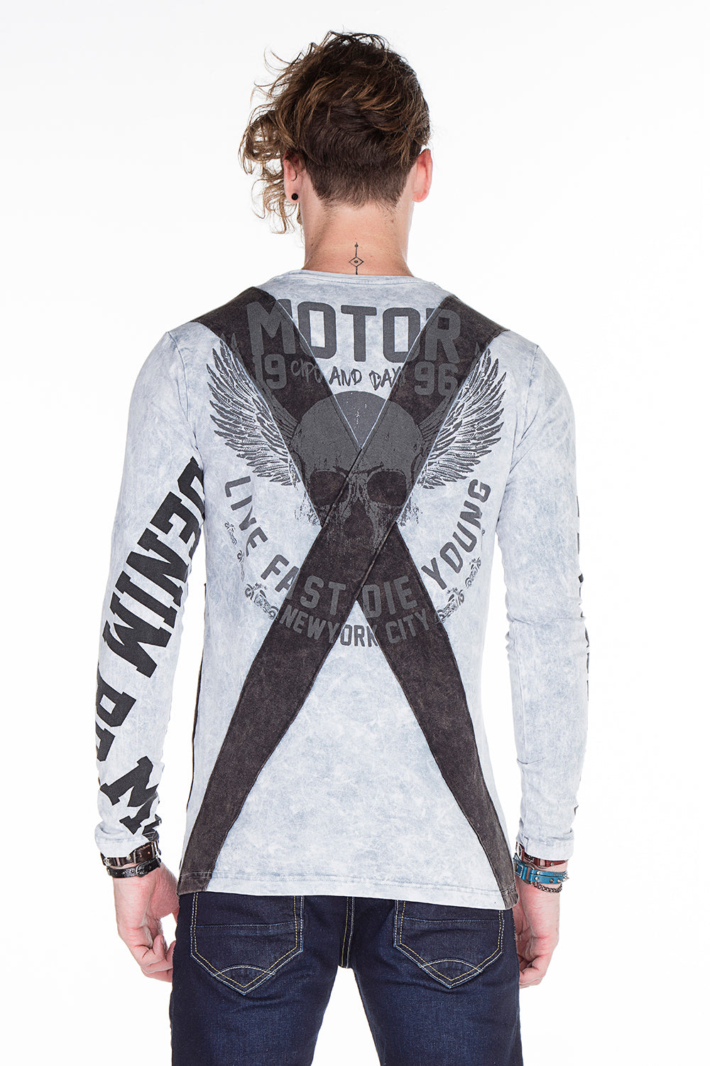 CL254 Men's Sweatshirt – Green Long Sleeve Pullover with Street Denim Print