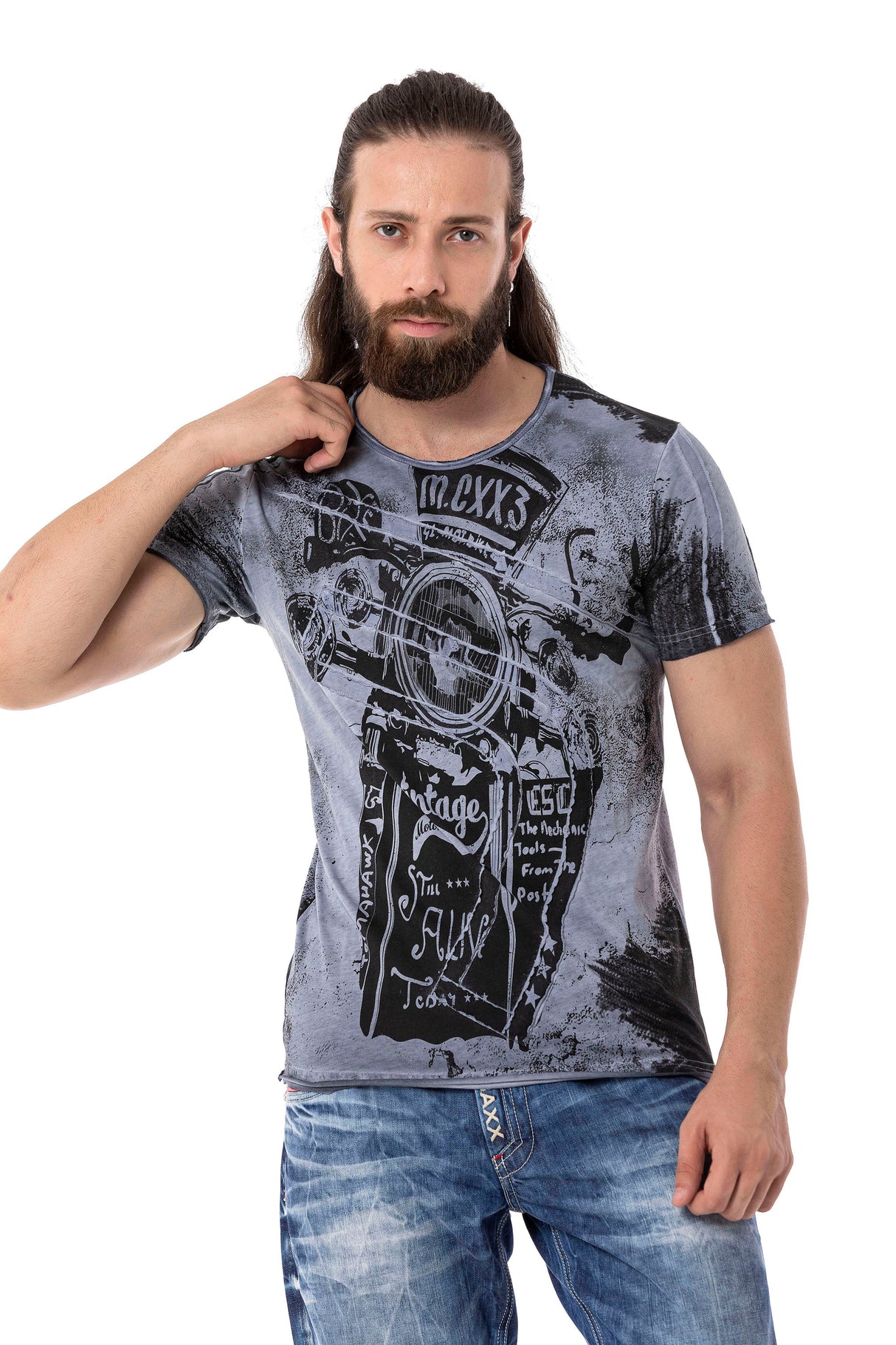 CT704 Men's T-shirt with vintage car print and used wash
