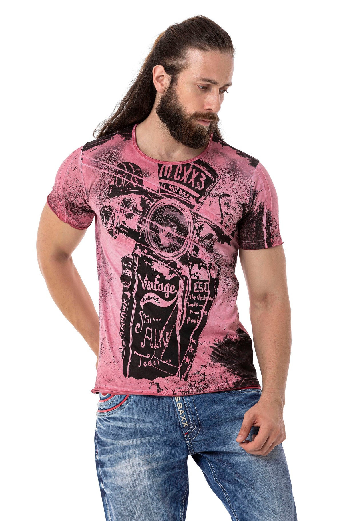 CT704 Men's T-shirt with vintage car print and used wash