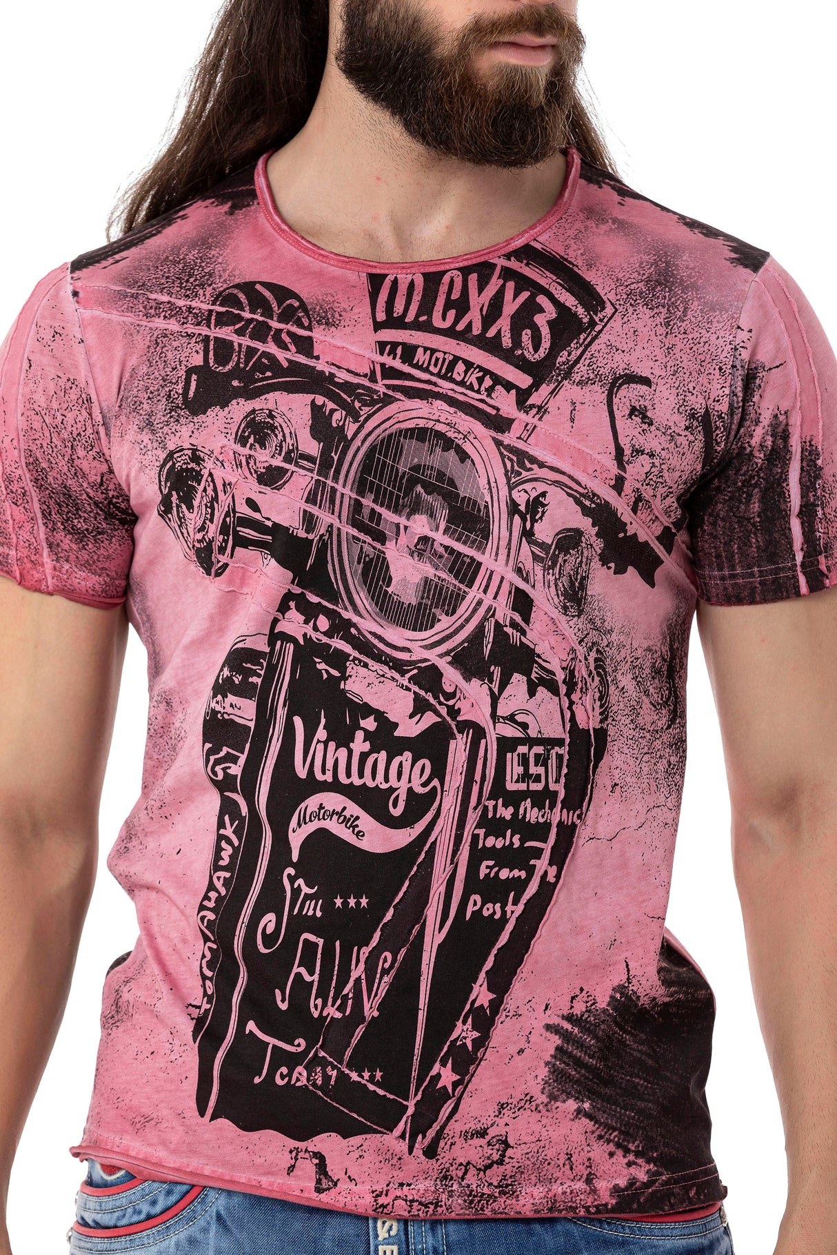 CT704 Men's T-shirt with vintage car print and used wash