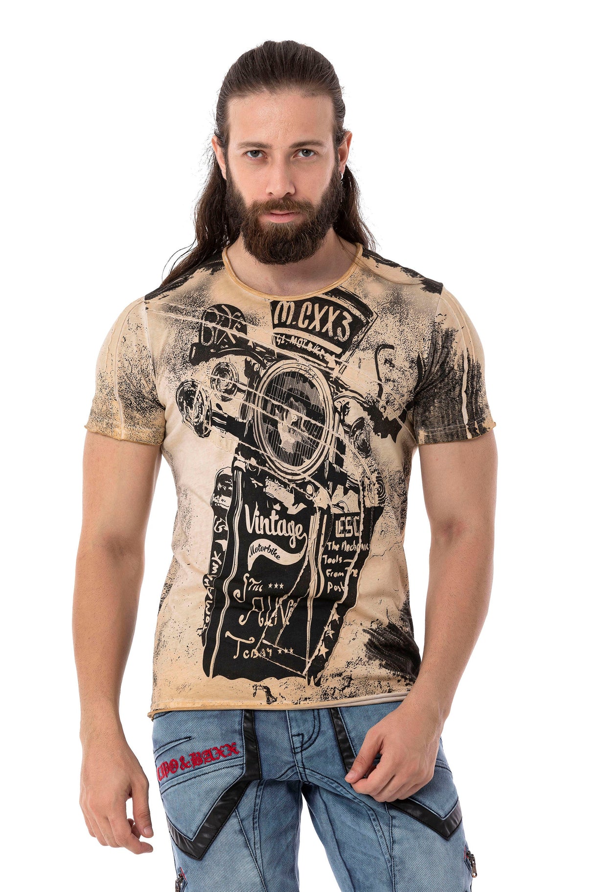CT704 Men's T-shirt with vintage car print and used wash