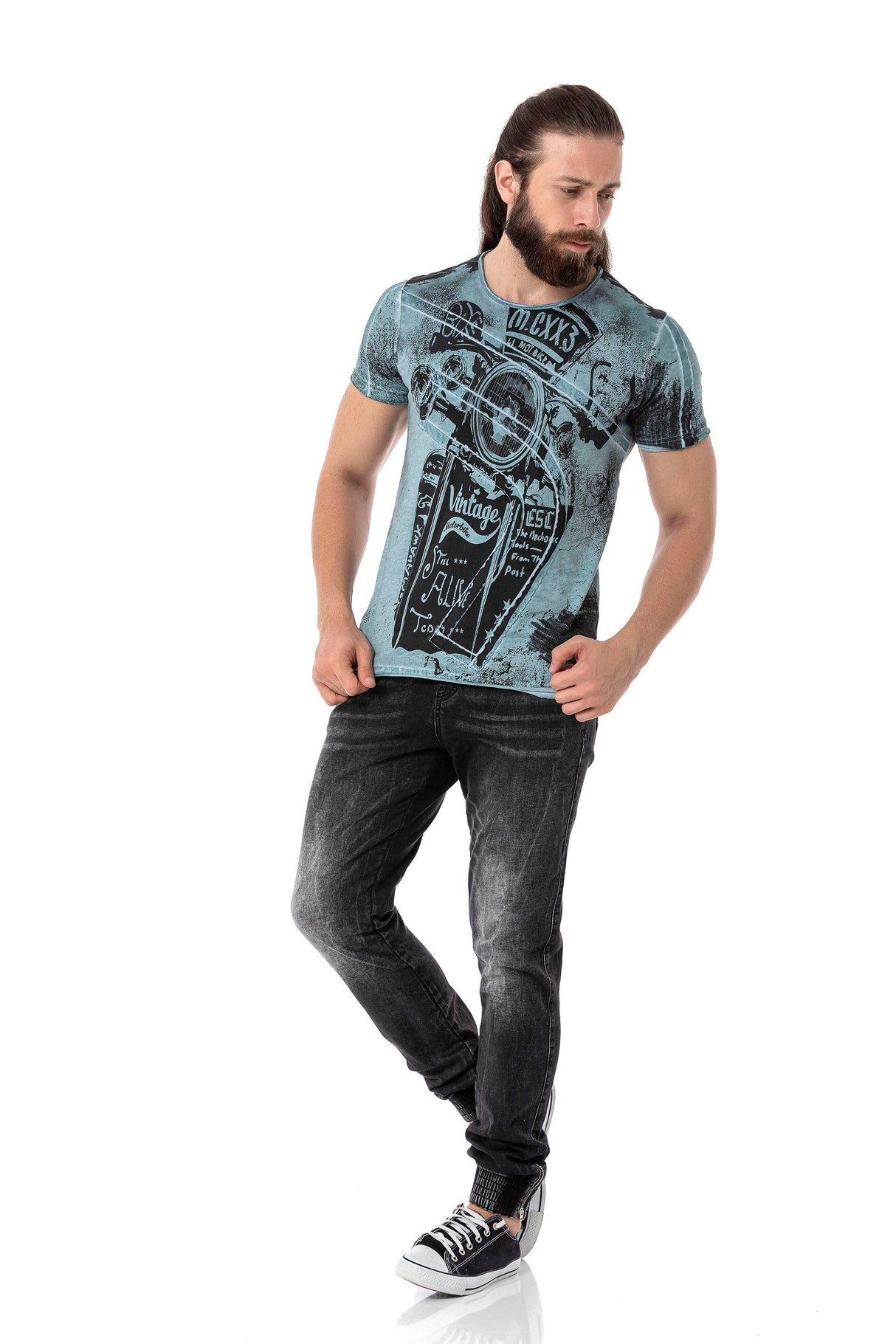 CT704 Men's T-shirt with vintage car print and used wash