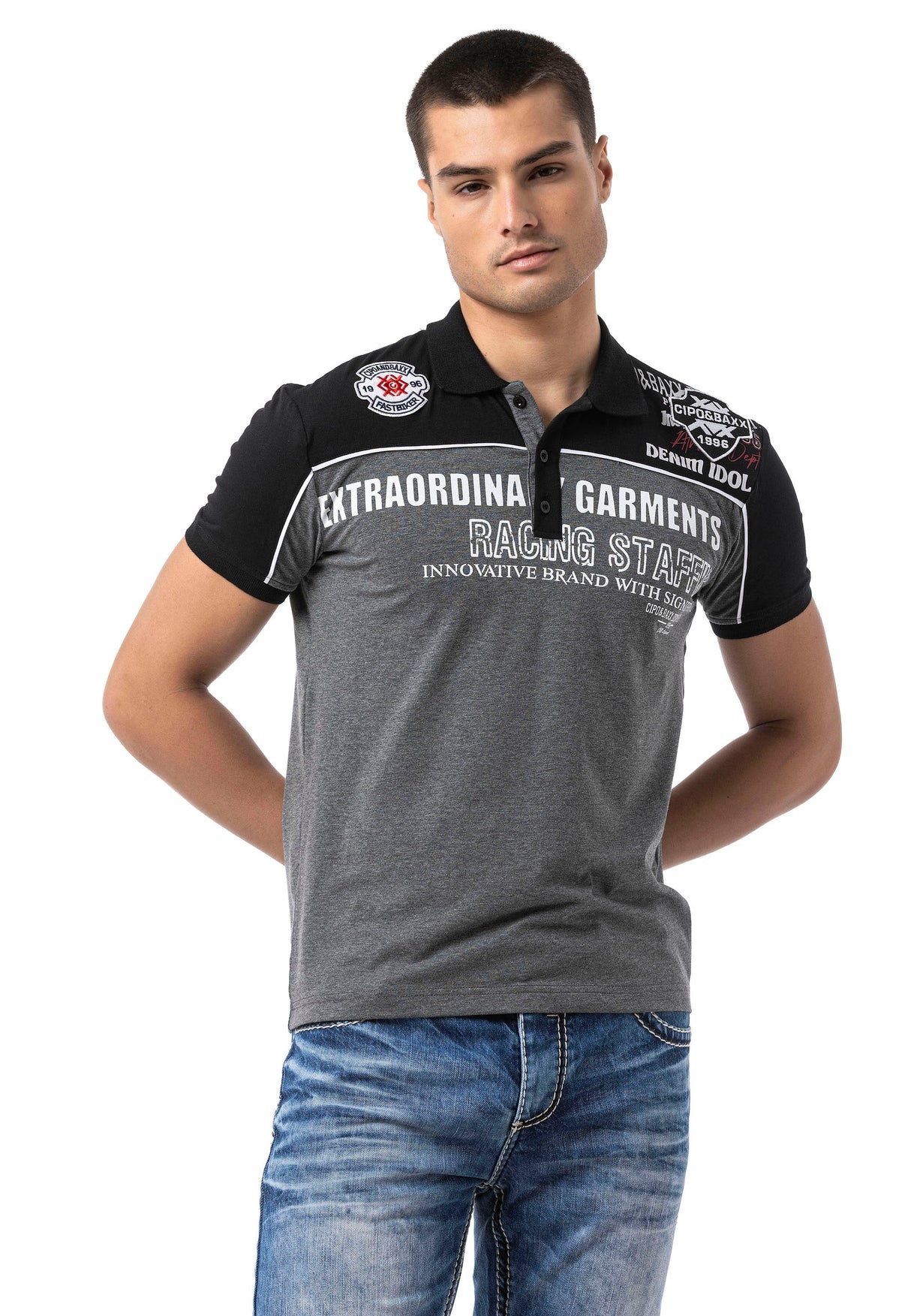 CT803 Men's Polo T-Shirt in Regular Fit with Print and Appliqué