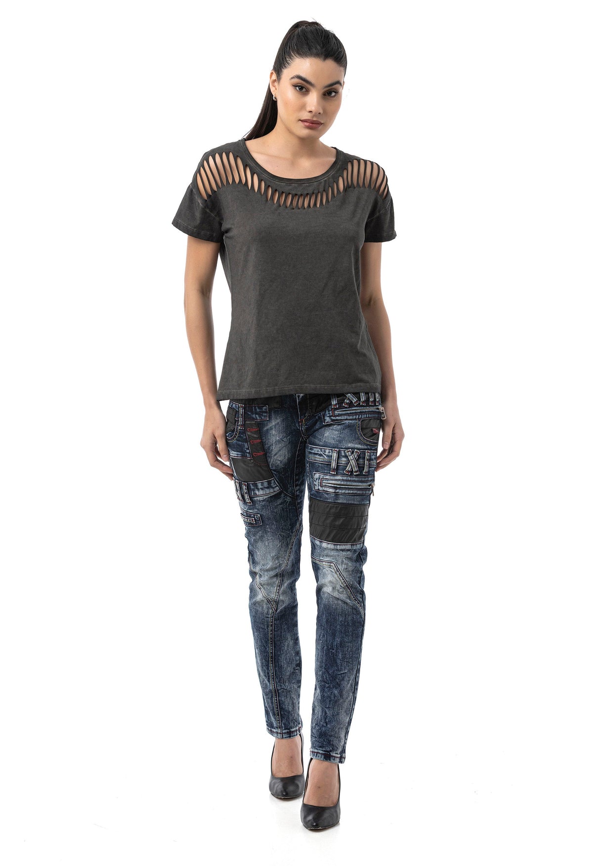 WT388 – Blue, Cut-Out Design, Short Sleeve, Trendy Street Style